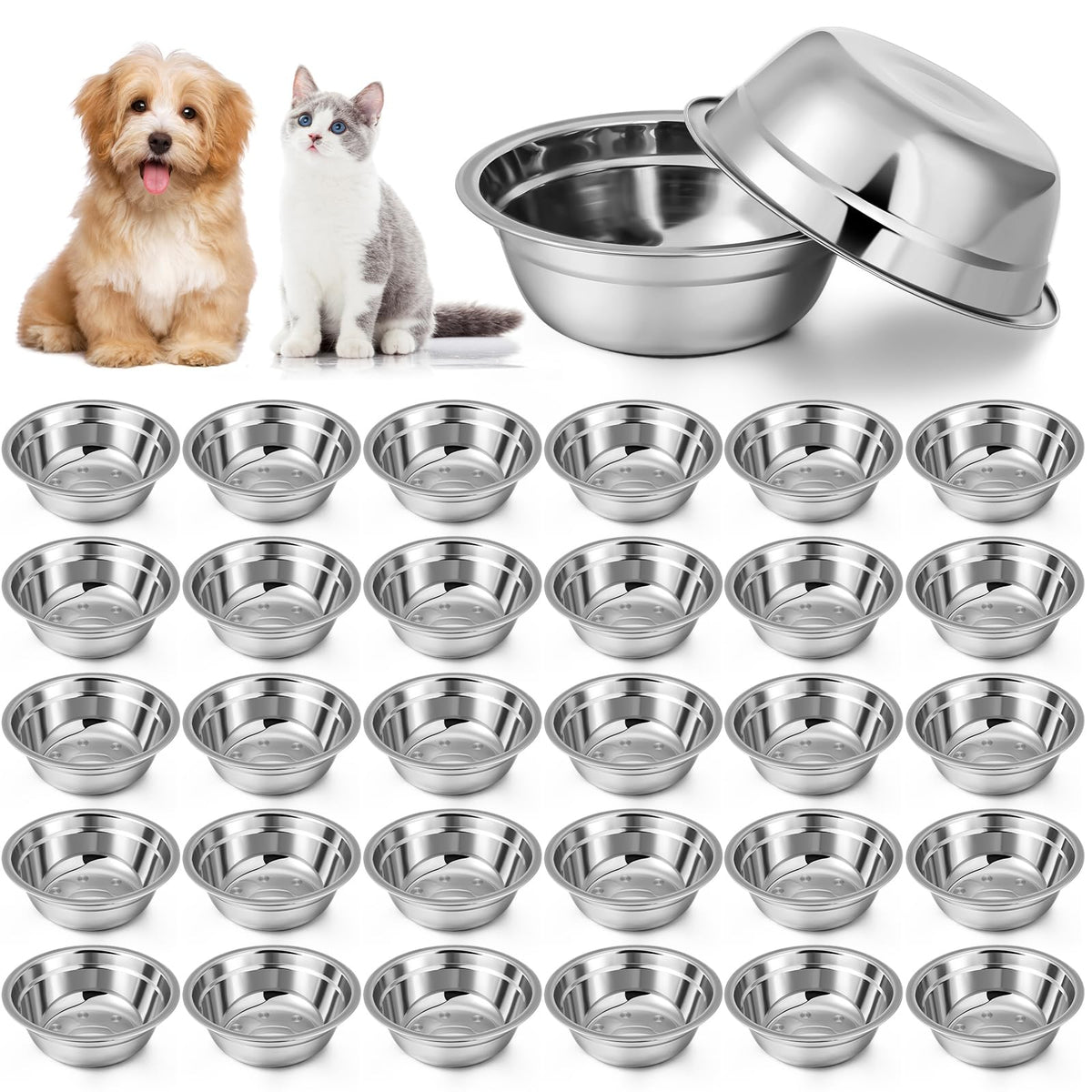 Zhehao 30 Pcs Stainless Steel Dog Bowls Bulk Small Metal Dog Food Water Bowl Replacement Dog And Cat Bowls Lightweight Pet Bowls For Cage Kennel And Crate (10 Oz)