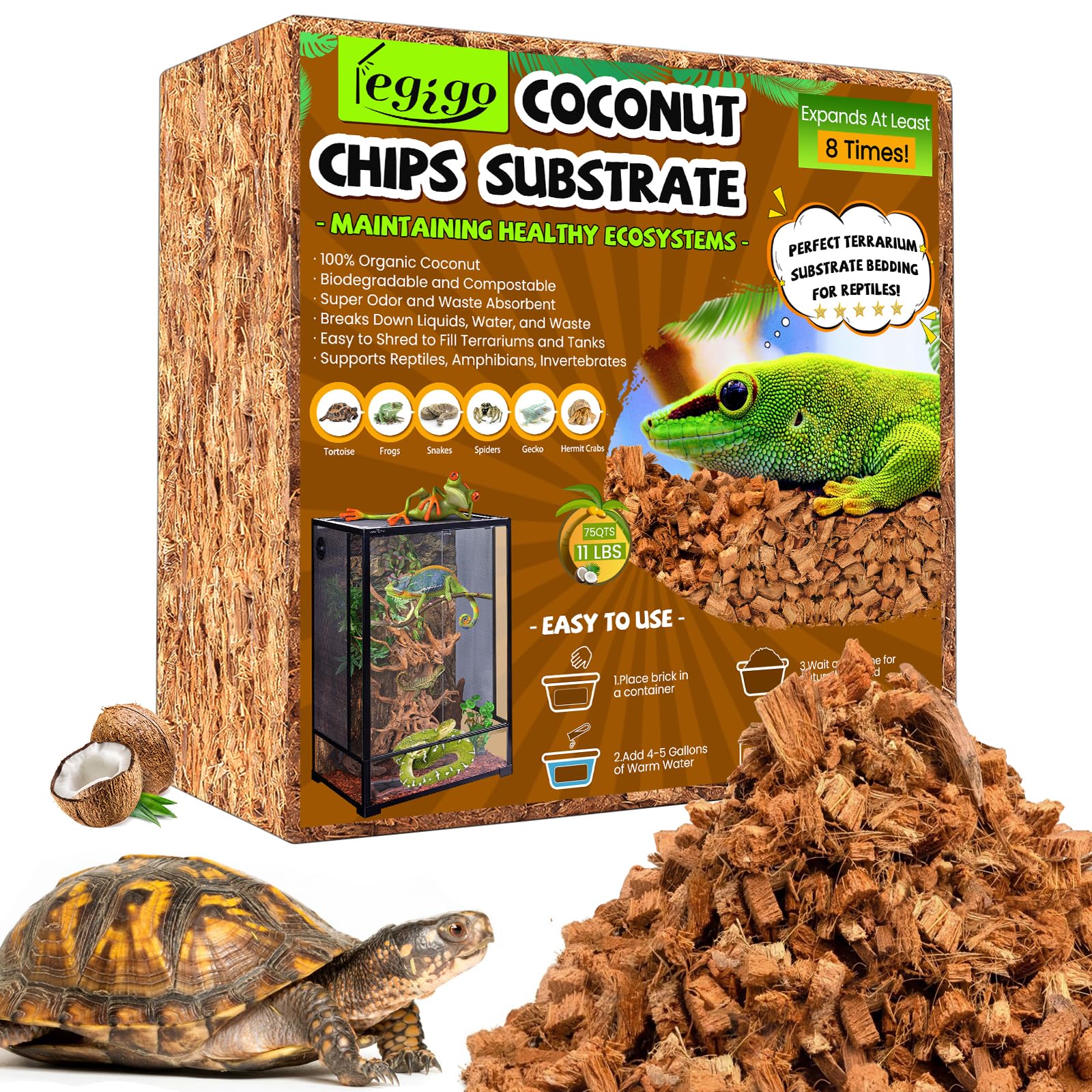 Legigo 10LBS Coconut Chip Substrate for Reptiles, 72QT Natural Coco Husk Chip Reptiles Bedding, Compressed Coconut Chip Substrat