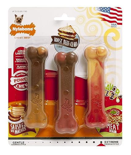 Nylabone Original Bone Power Chew Toy For Dogs, Durable Dog Toys For Aggressive Chewers, Flavor Frenzy Pancakes & Sausage, Roast Beef, & Lasagna, X-Small - Up To 15 Lbs, 3 Pack