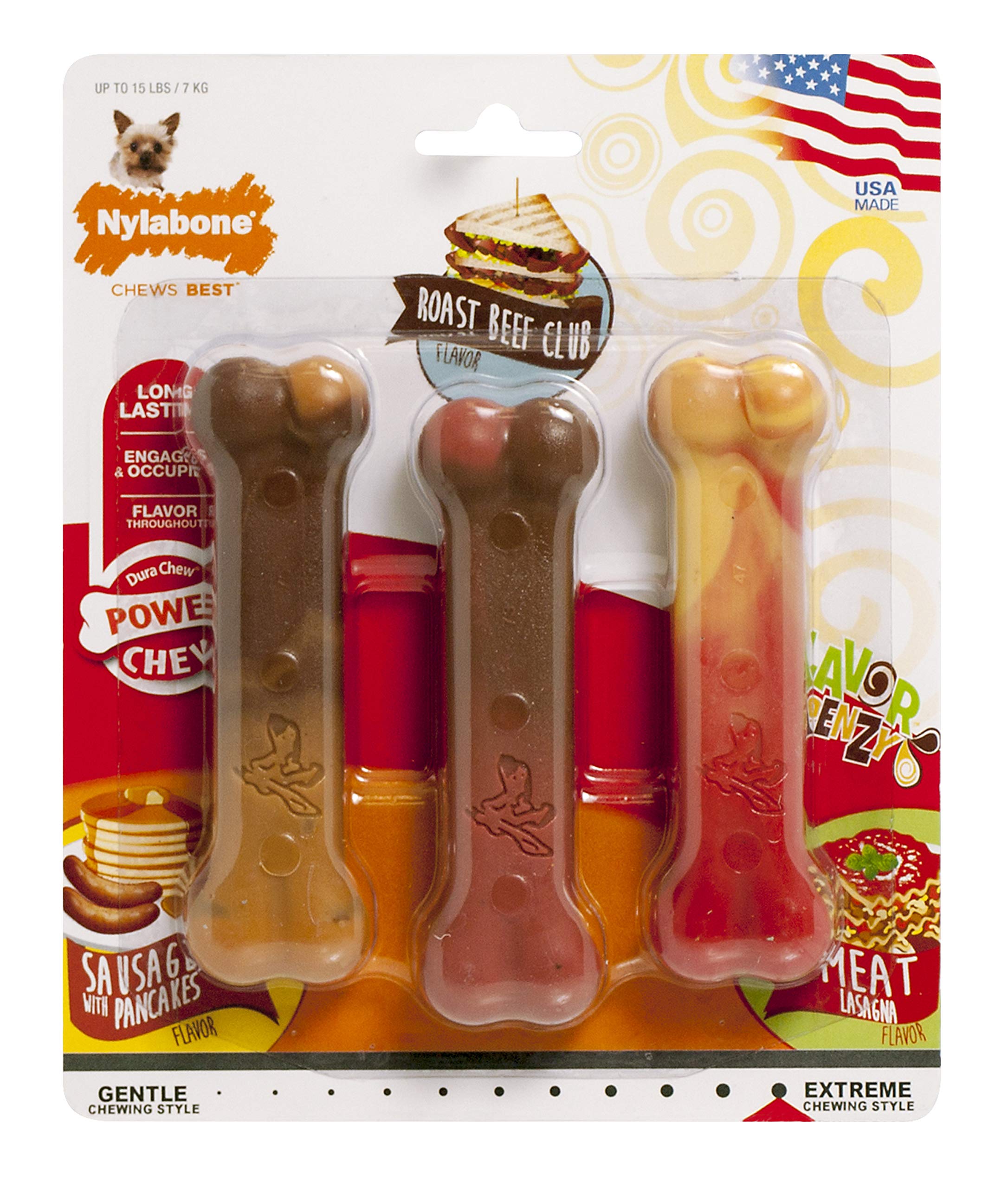 Nylabone Original Bone Power Chew Toy For Dogs, Durable Dog Toys For Aggressive Chewers, Flavor Frenzy Pancakes & Sausage, Roast Beef, & Lasagna, X-Small - Up To 15 Lbs, 3 Pack