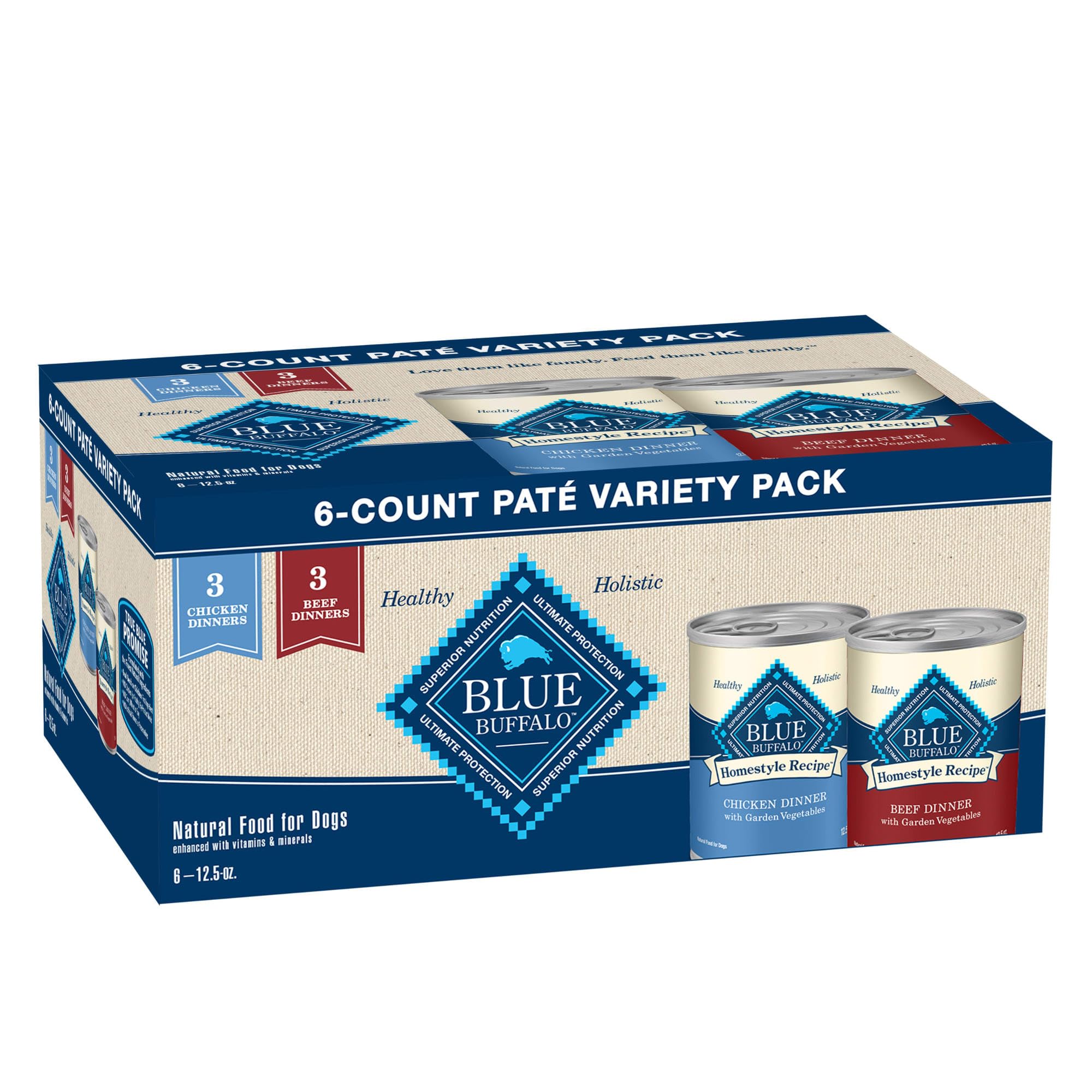 Blue Buffalo Homestyle Recipe Natural Adult Wet Dog Food Variety Pack, Chicken & Beef 12.5 oz cans (6 Count- 3 of Each Flavor)
