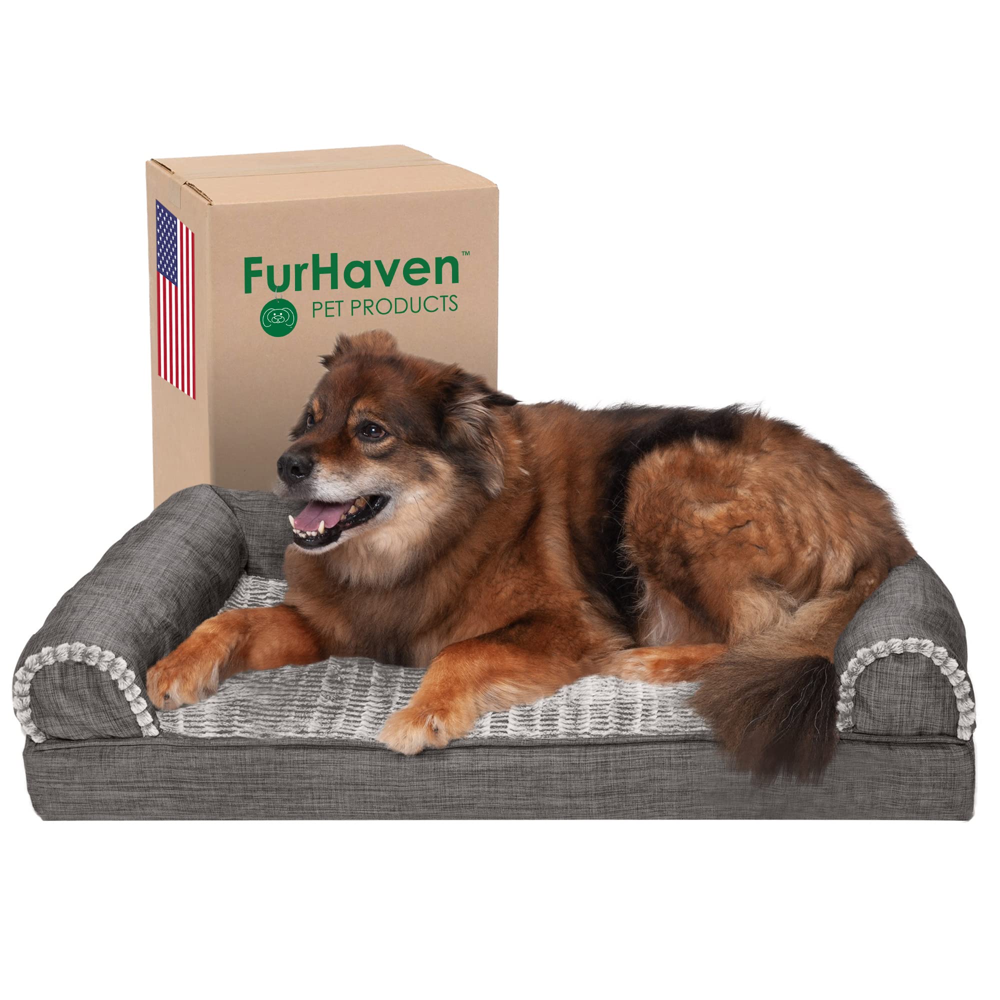 Furhaven Cooling Gel Dog Bed for Large/Medium Dogs w/ Removable Bolsters & Washable Cover, For Dogs Up to 55 lbs - Luxe Faux Fur