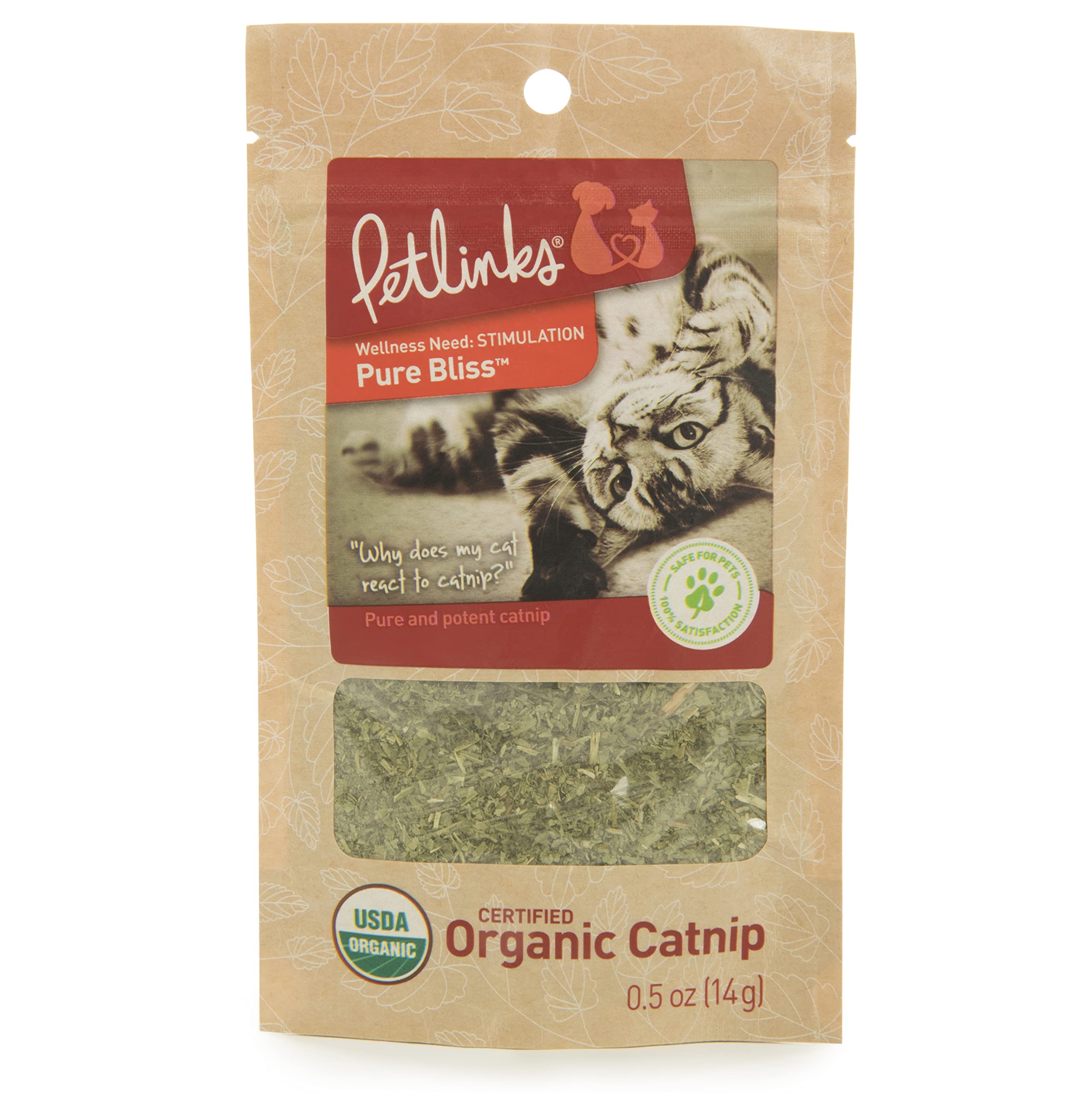 Petlinks Pure Bliss 100% Certified USDA Organic Catnip for Cats & Kittens, Pure & Potent Stimulant/Attractant, Resealable Pouch 