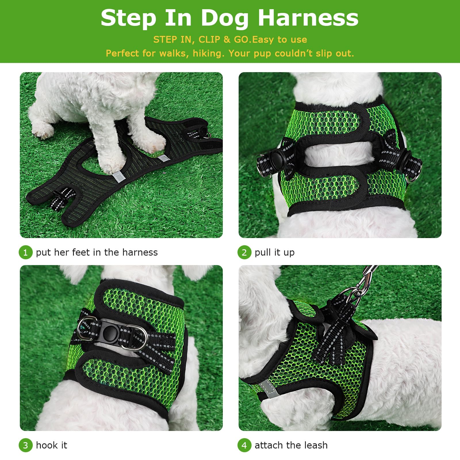 No Pull Small Dog Harness For Under 22 Lbs Dogs, Step In Air Mesh Puppy Reflective Lightweight Dogs Cats Vest (Green
