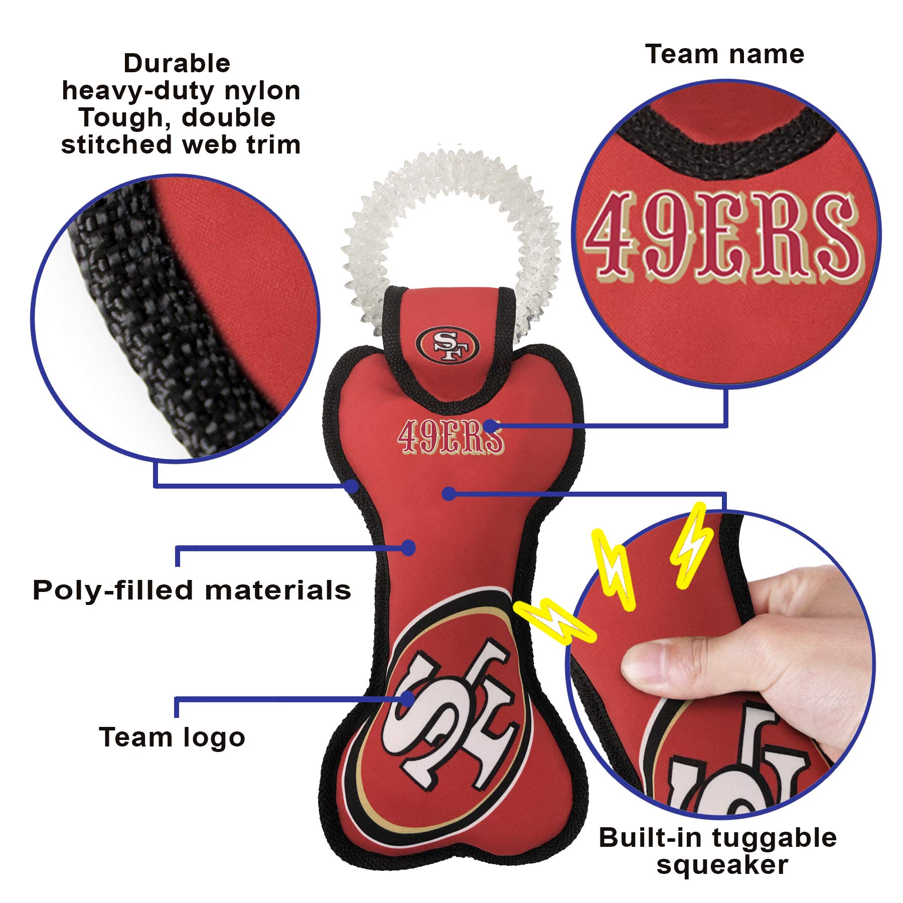 Pets First NFL SAN Francisco 49ERS Dental Dog TUG Toy with Squeaker. Tough PET Toy for Healthy Fun, Teething & Cleaning Pet's Te