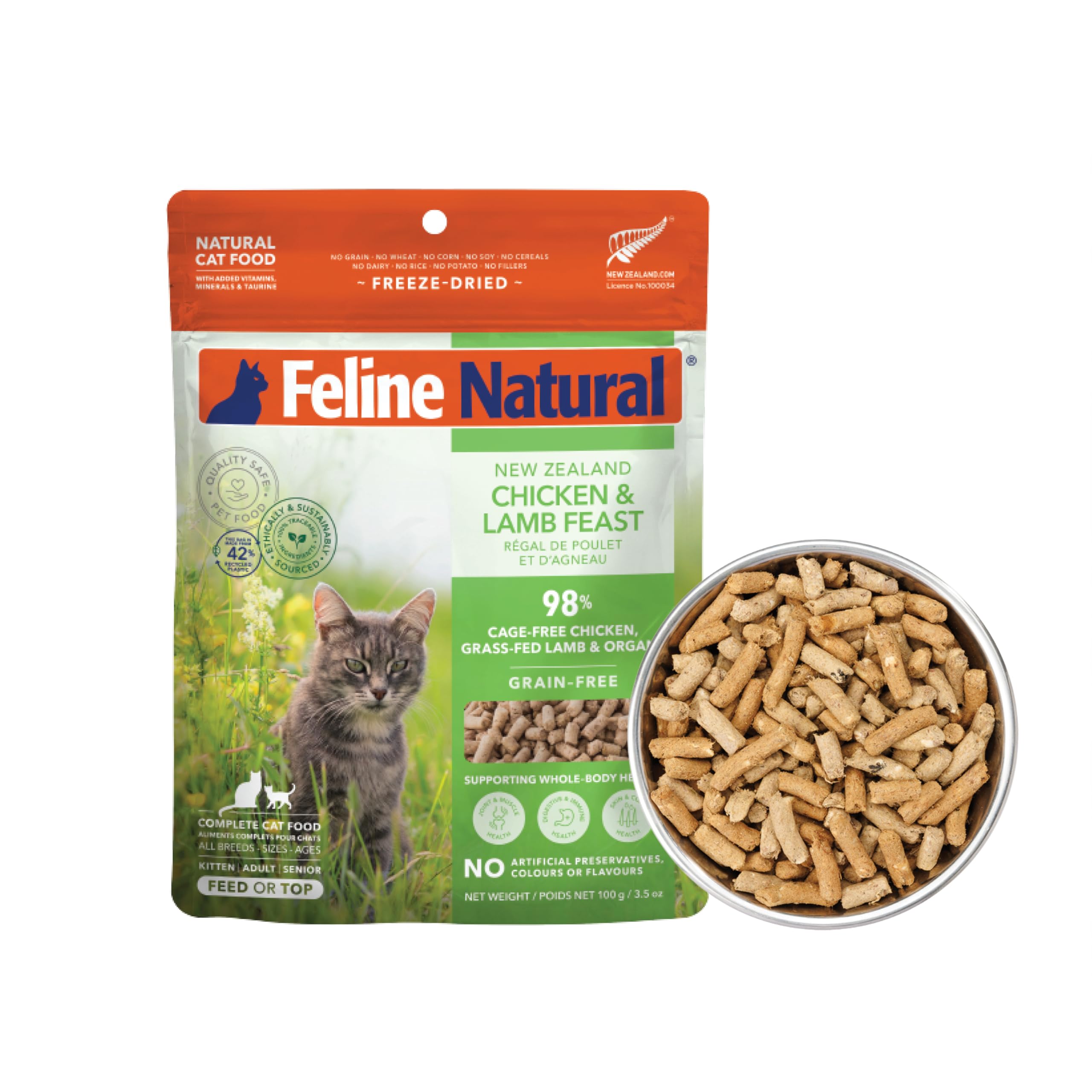 Feline Natural Grain-Free Freeze Dried Cat Food - Chicken & Lamb Feast, 3.5 Ounce - High Protein Cat Food from New Zealand, Natu