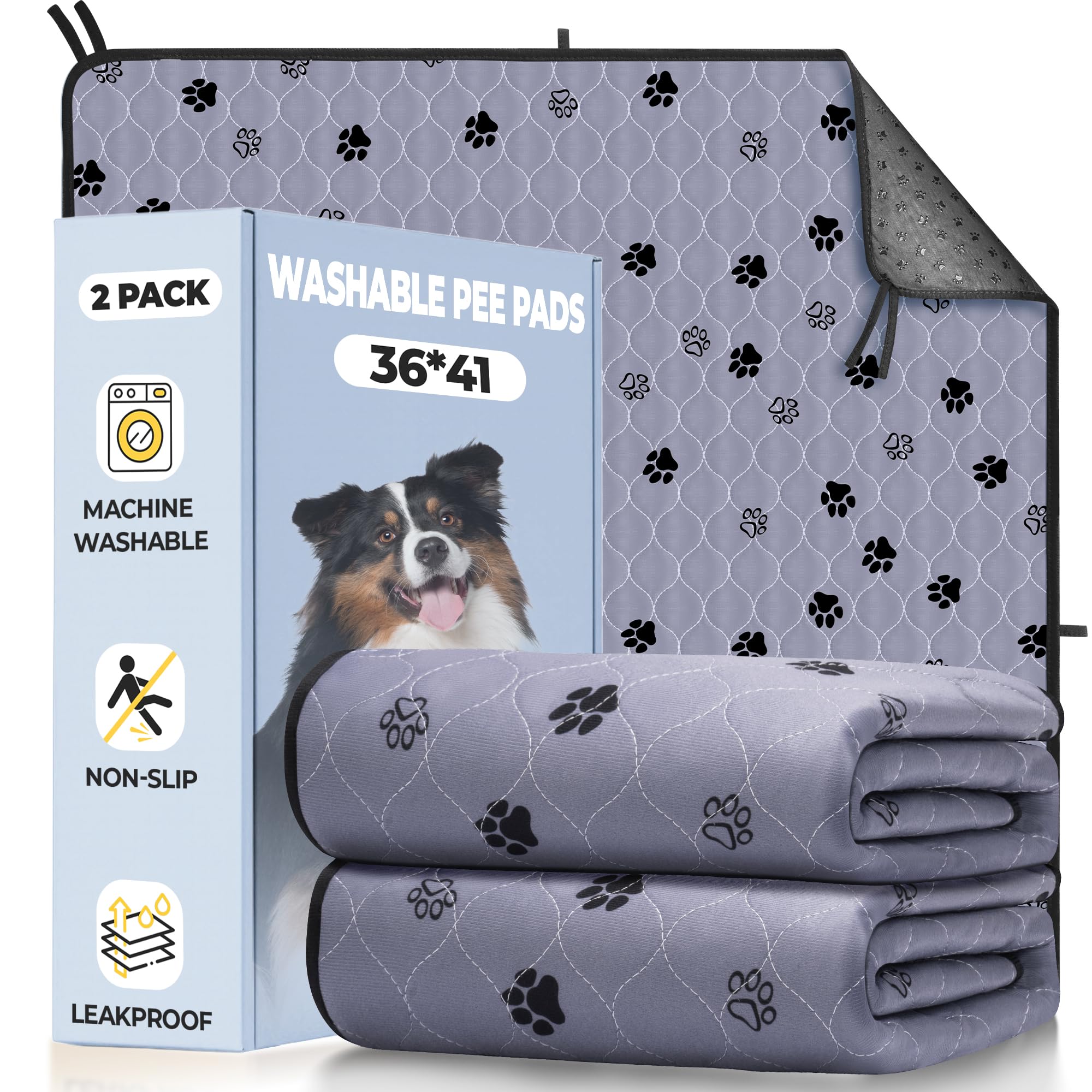 Fostanfly Non-Slip Washable Pee Pads, Large 36"x41", Ultra-Absorbent, Leak-Proof, Gray, 2 Pack, Model FF-NDG01-TL