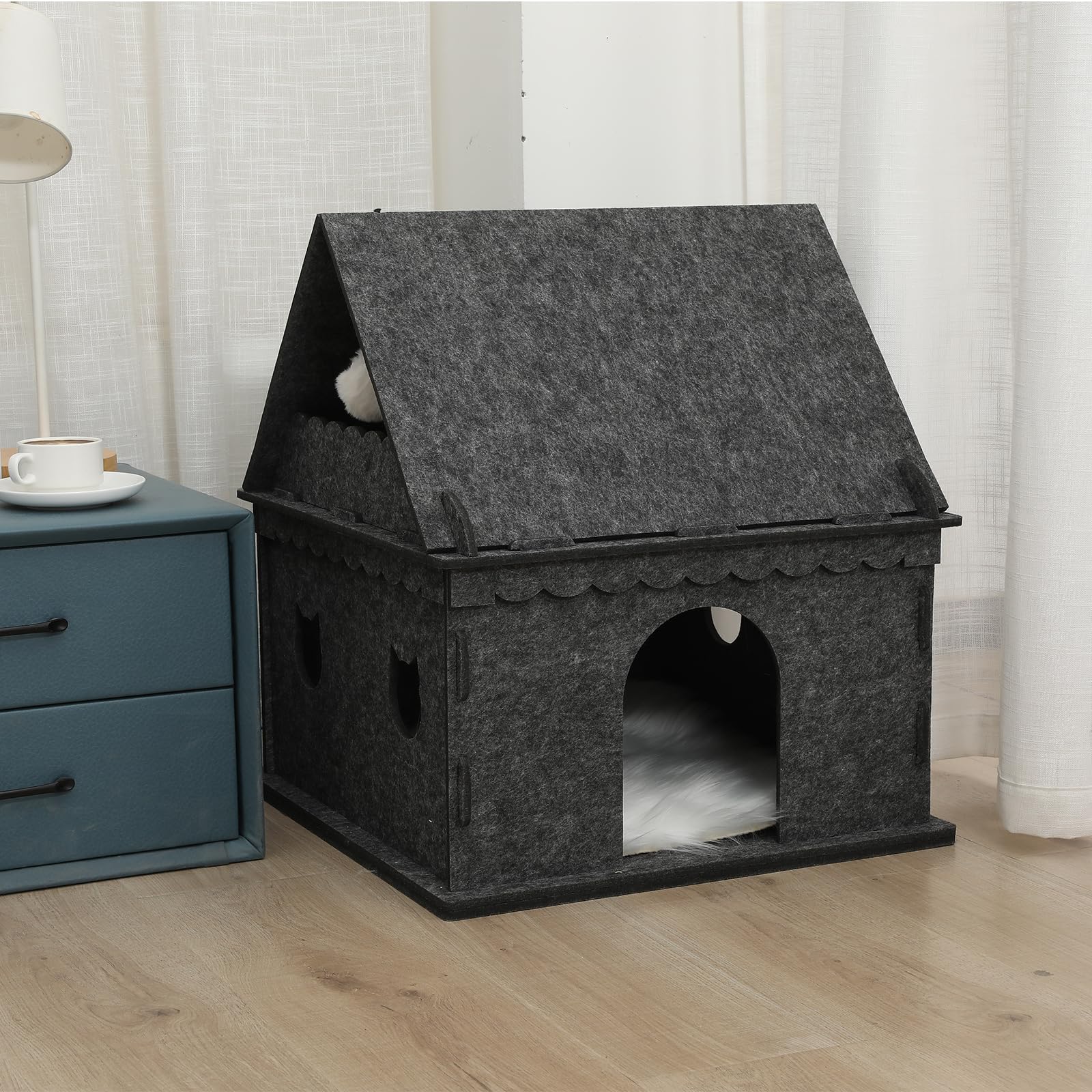 2-Storey Cat House For Indoor Cat Condos,Pet Cat Bed Hideaway Strong Castle For Multiple & Large Cats (2-Storey, 21.8''  21.8''