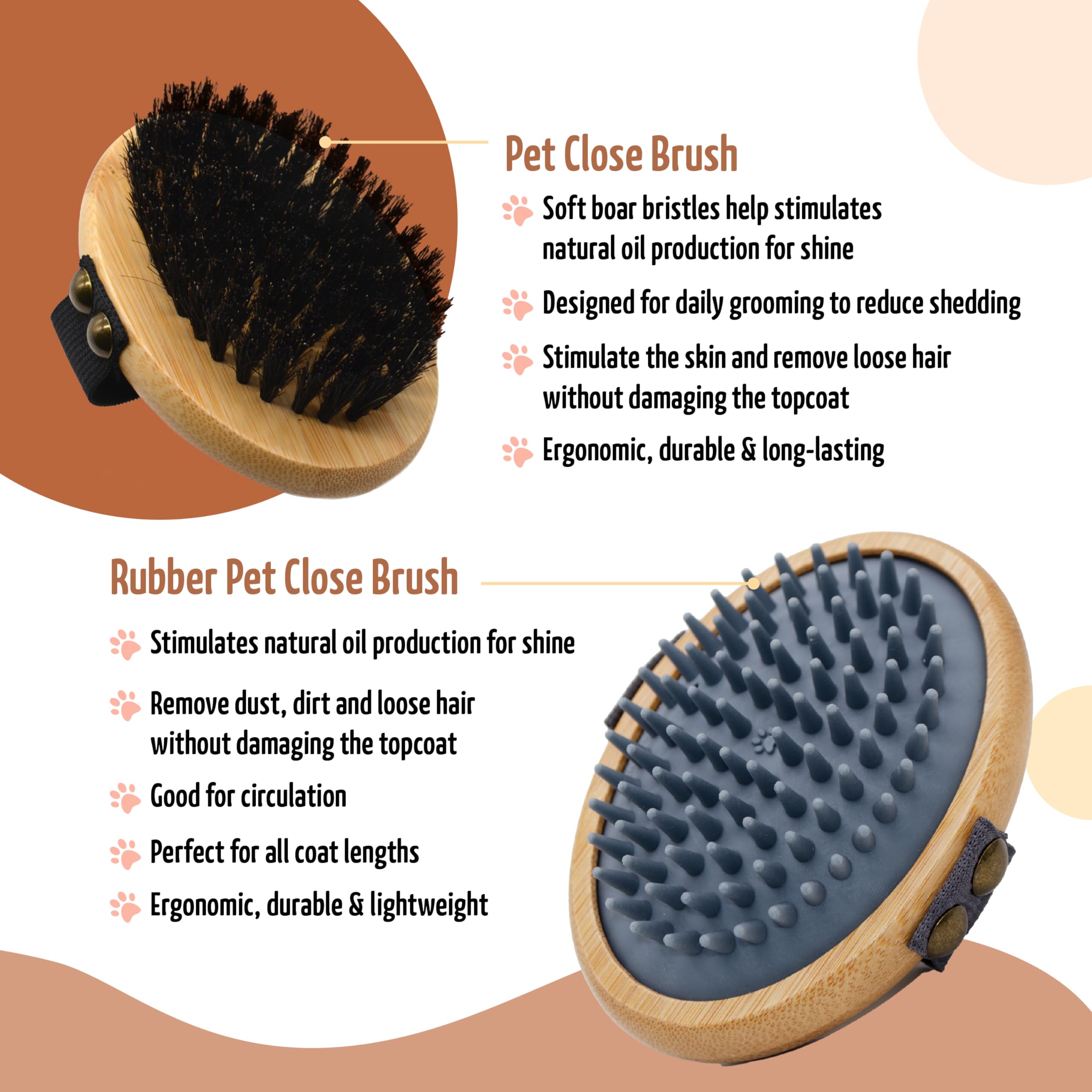 The Buddy System Pet Close Brush, Soft Touch Oval Palm Brush - Bamboo Massage Handheld With Soft Boar Bristles And Elastic Band