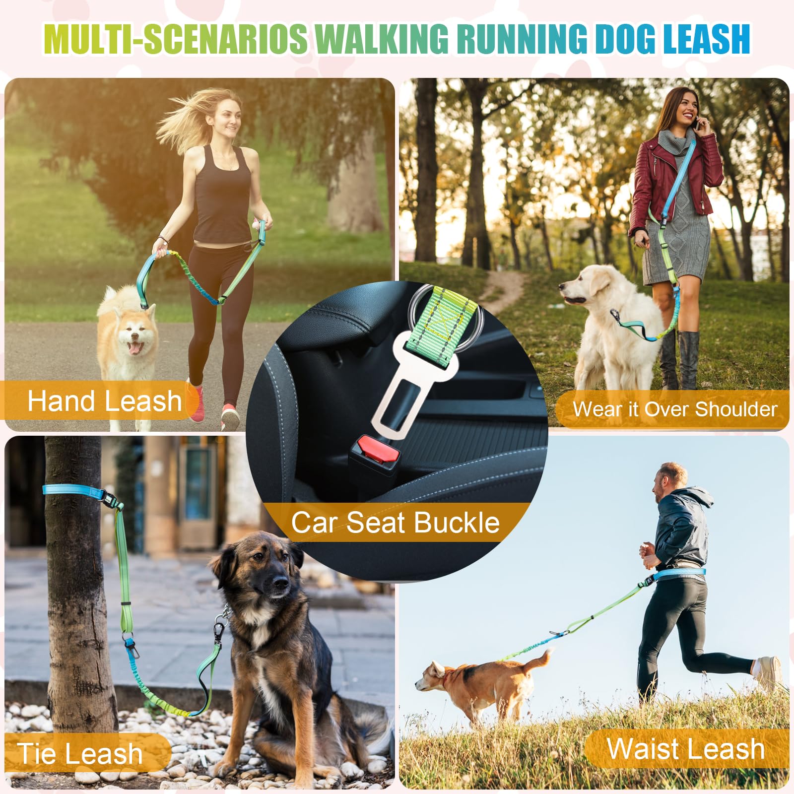 Jetog Heavy Duty Hands Free Dog Leash, 5-7 Ft Reflective Adjustable Waist Dog Leash Belt With Padded Handles, Shock Absorbing Bu