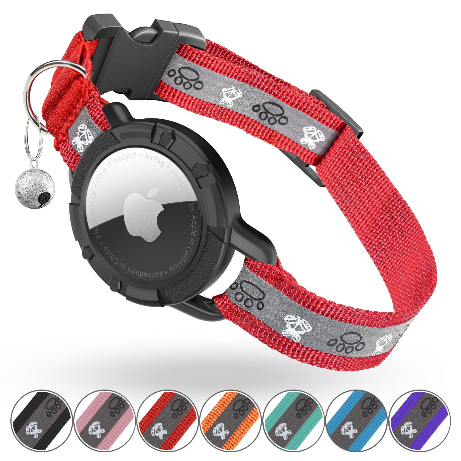 Odokele Reflective Airtag Cat Collar, Integrated Cat Tracker Collar With Air Tag Holder And Bell, Safety Elastic Band Cat Gps Collars For Girl Boy Cats, Kittens And Puppies (Red, Xs)