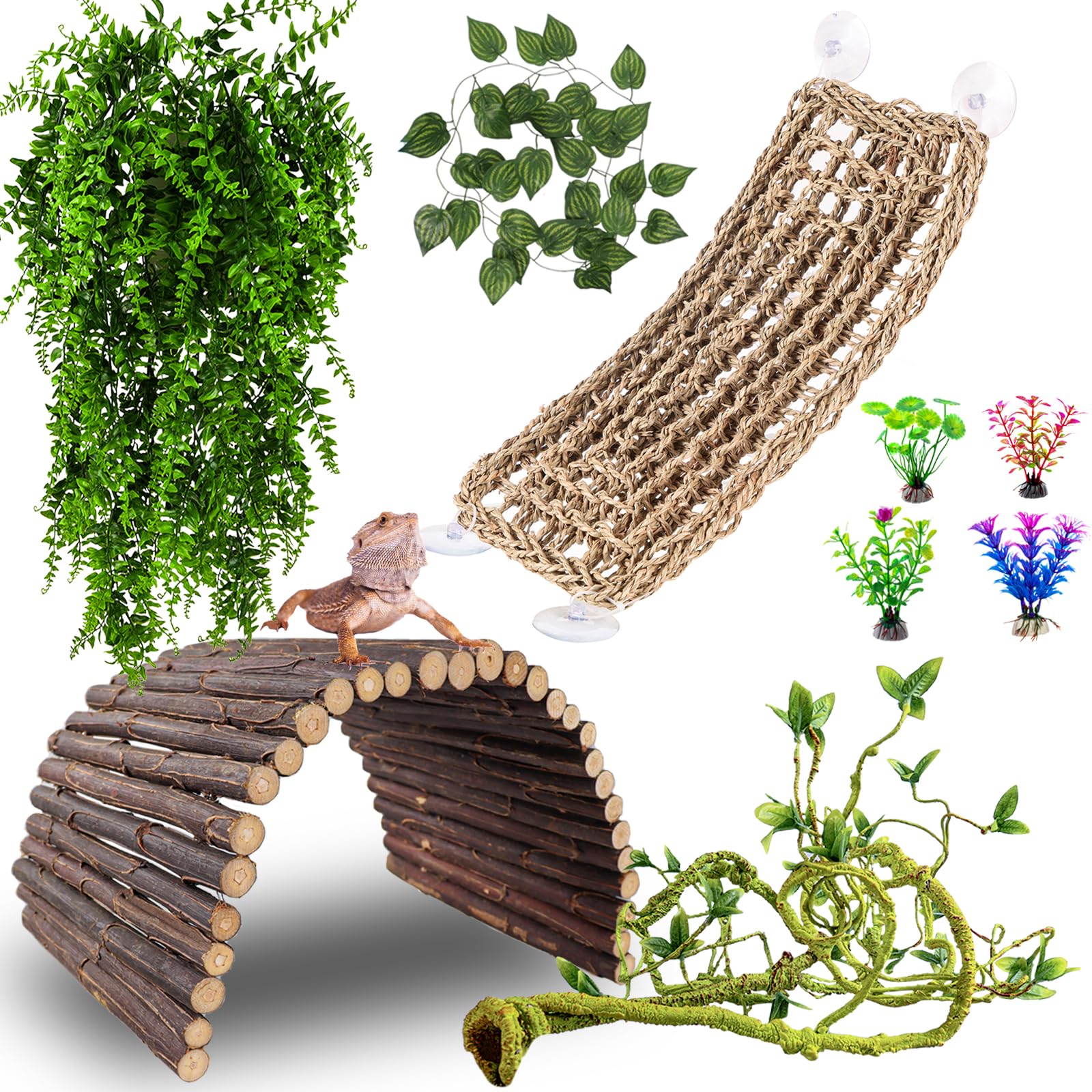 HERCOCCI Bearded Dragon Tank Accessories, Reptile Bridge Hammock Plants Jungle Climbing Vines Terrarium Decor for Bearded Dragon