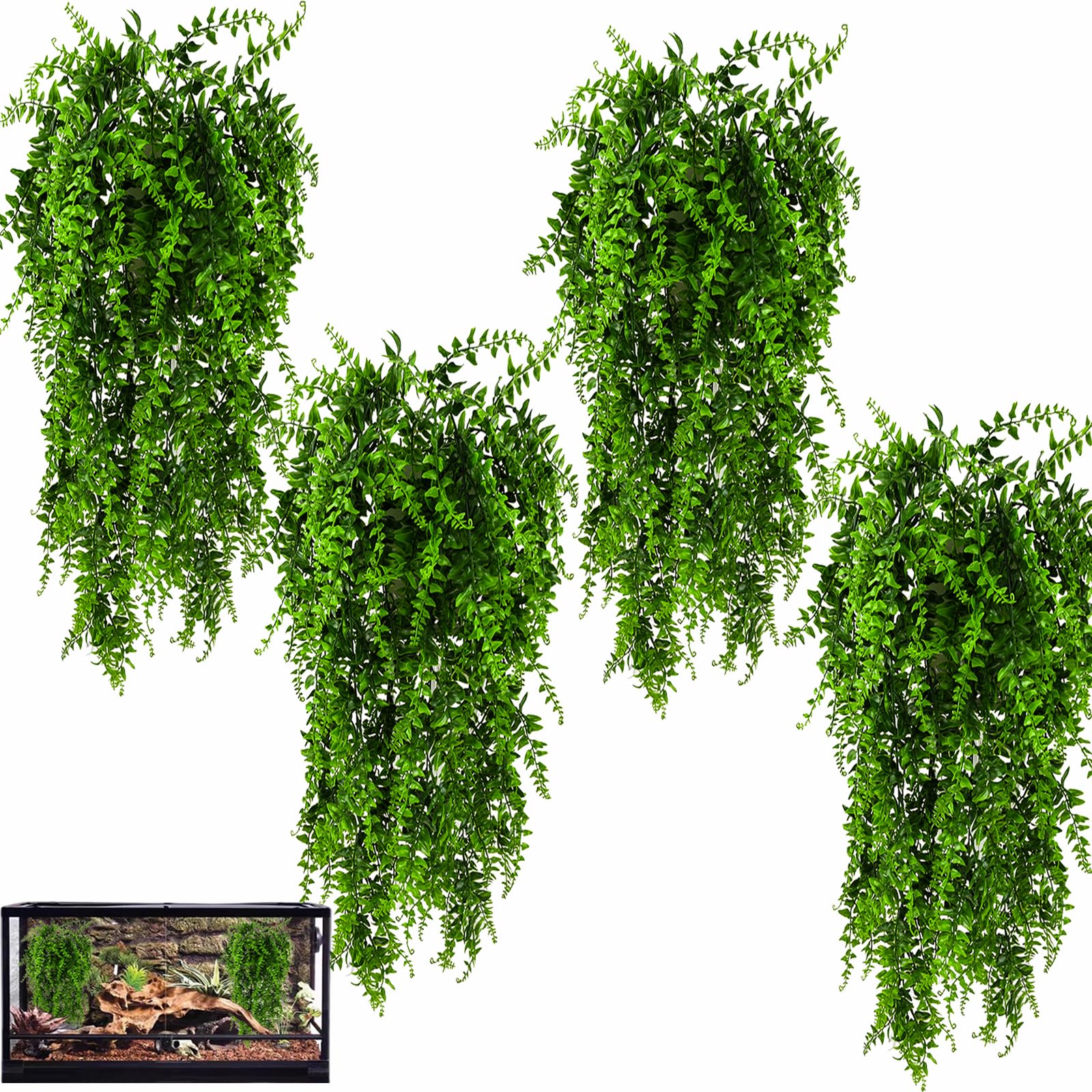 HERCOCCI 4 Pack Reptile Plants, Terrarium Hanging Plants Vines Artificial Leaves Habitat Decorations with Suction Cup for Bearde