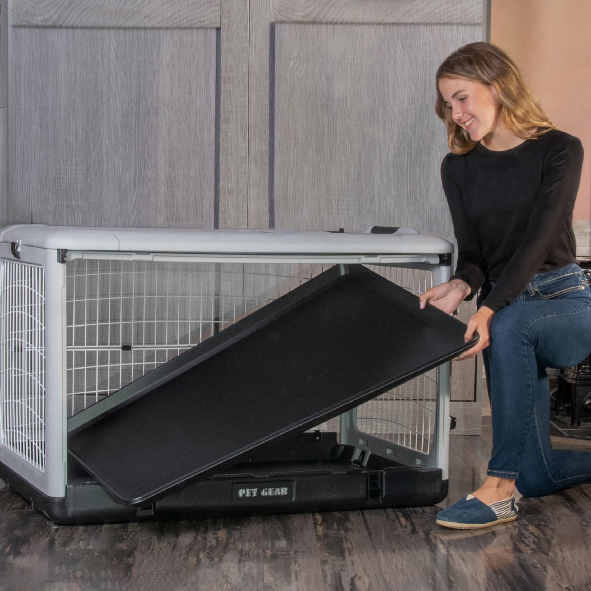 PET GEAR 4 Door Steel Crate for Dogs/Cats, 42 Inch, FOG, Model 5942TFO, Removable Tray