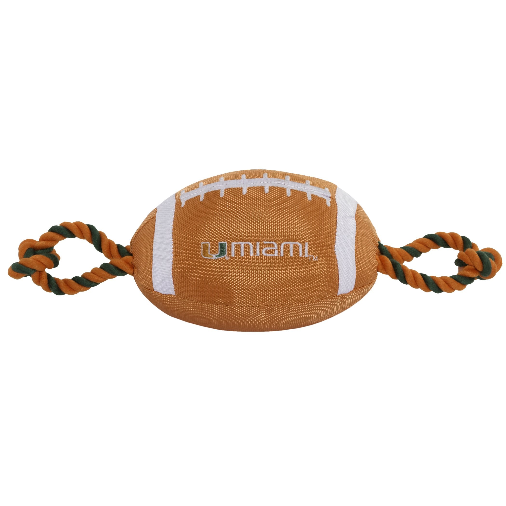 Pets First NCAA Miami Hurricanes Football Dog Toy, Tough Quality Nylon Materials, Strong Pull Ropes, Inner Squeaker, Collegiate 