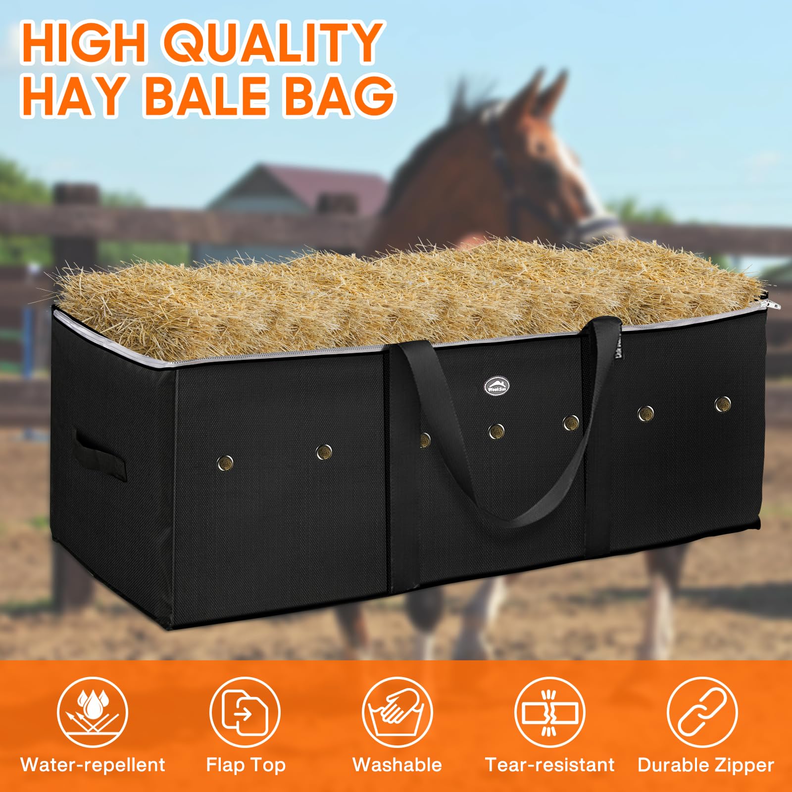 WEEKSUN 1pcs Large Hay Bag for Horses 600D,44x16x20 Hay Bale Storage Bag with Zipper,Carry Handles and PU Waterproofing,Oxford F