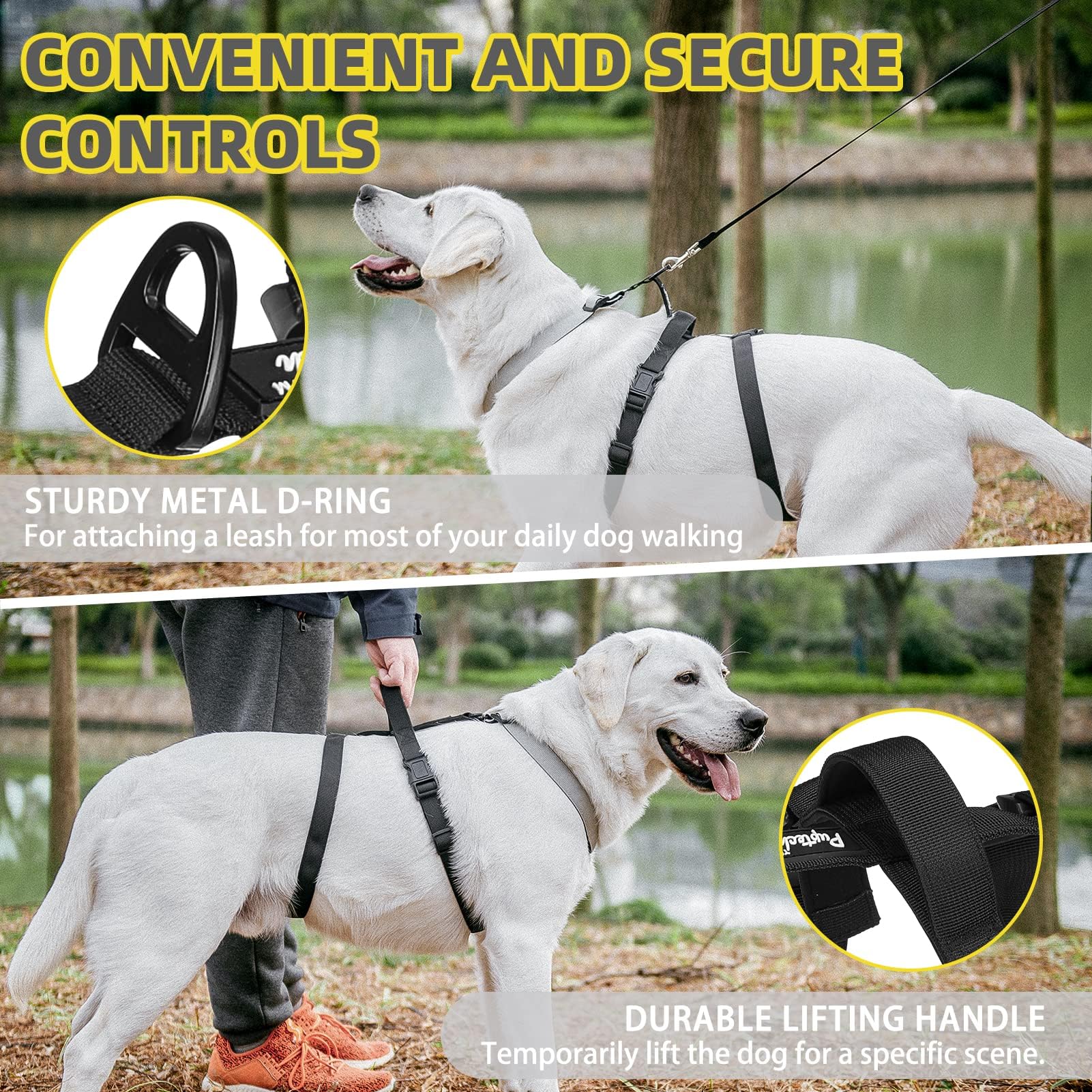 Pupteck Escape Proof Dog Harness - No Pull Soft Padded Full Body Pet Halter Harness With Lift Handle For Small Medium Large Doggies Walking Hiking Hunting, Snowwhite & Black, S