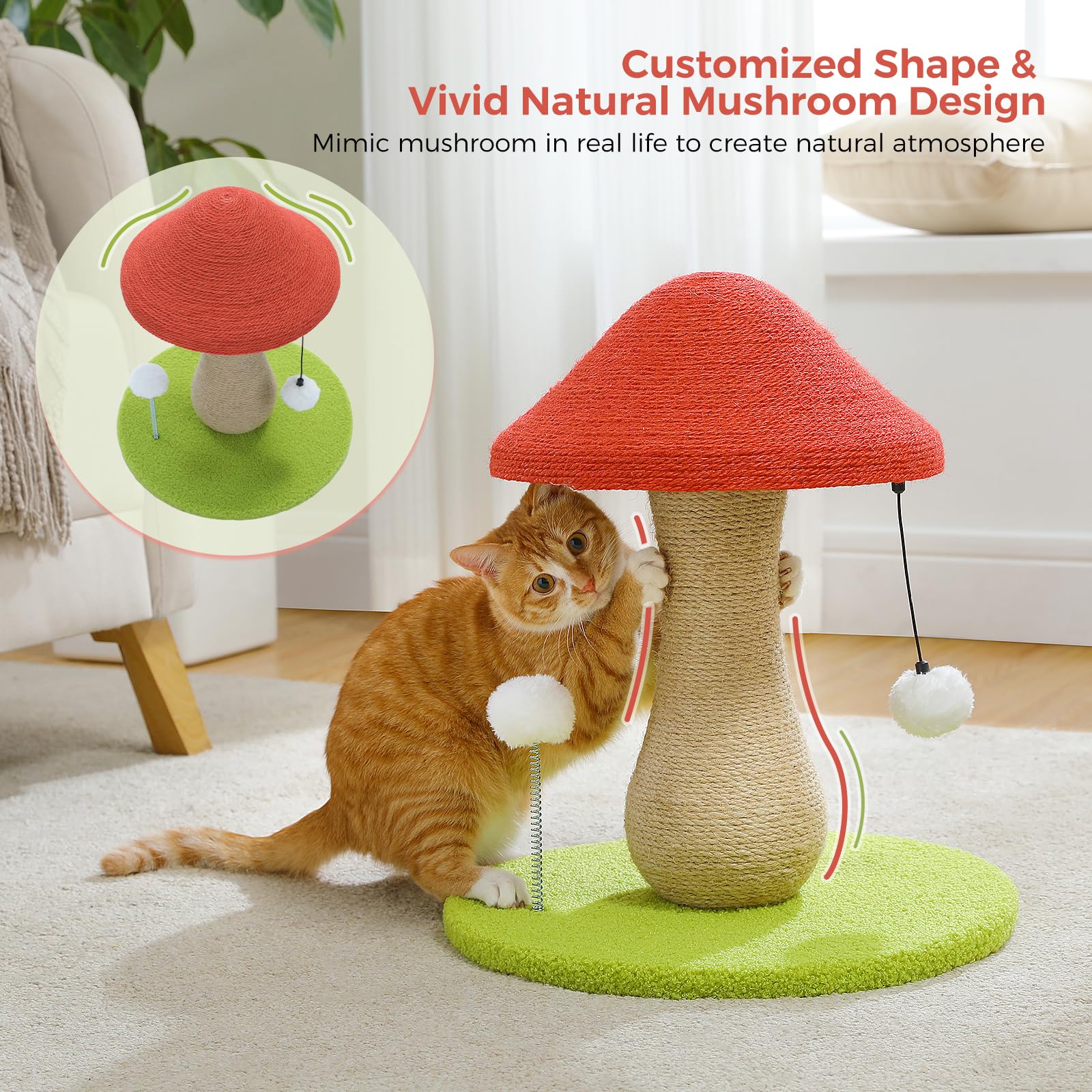 Petepela Mushroom Cat Scratching Post, Cat Scratcher Cute With 100% Sisal Covered Scratching Post & Pompoms Toy, Mushroom Cat Po