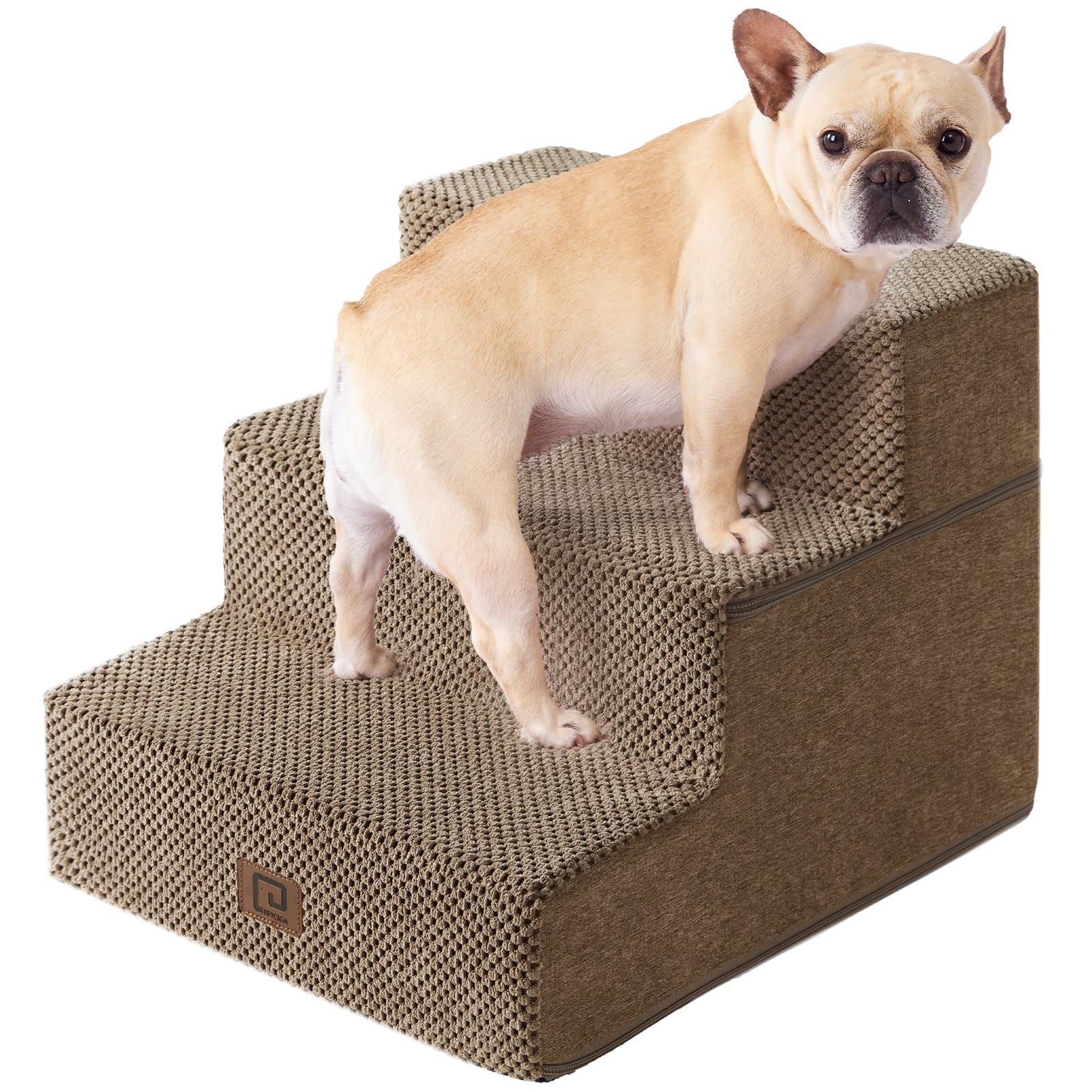 Eheyciga Dog Stairs For Small Dogs 13.5' H, 3-Step Dog Steps For Couch Sofa And Chair, Pet Steps For Small Dogs And Cats, Non-Slip Balanced Dog Indoor Ramp, Camel