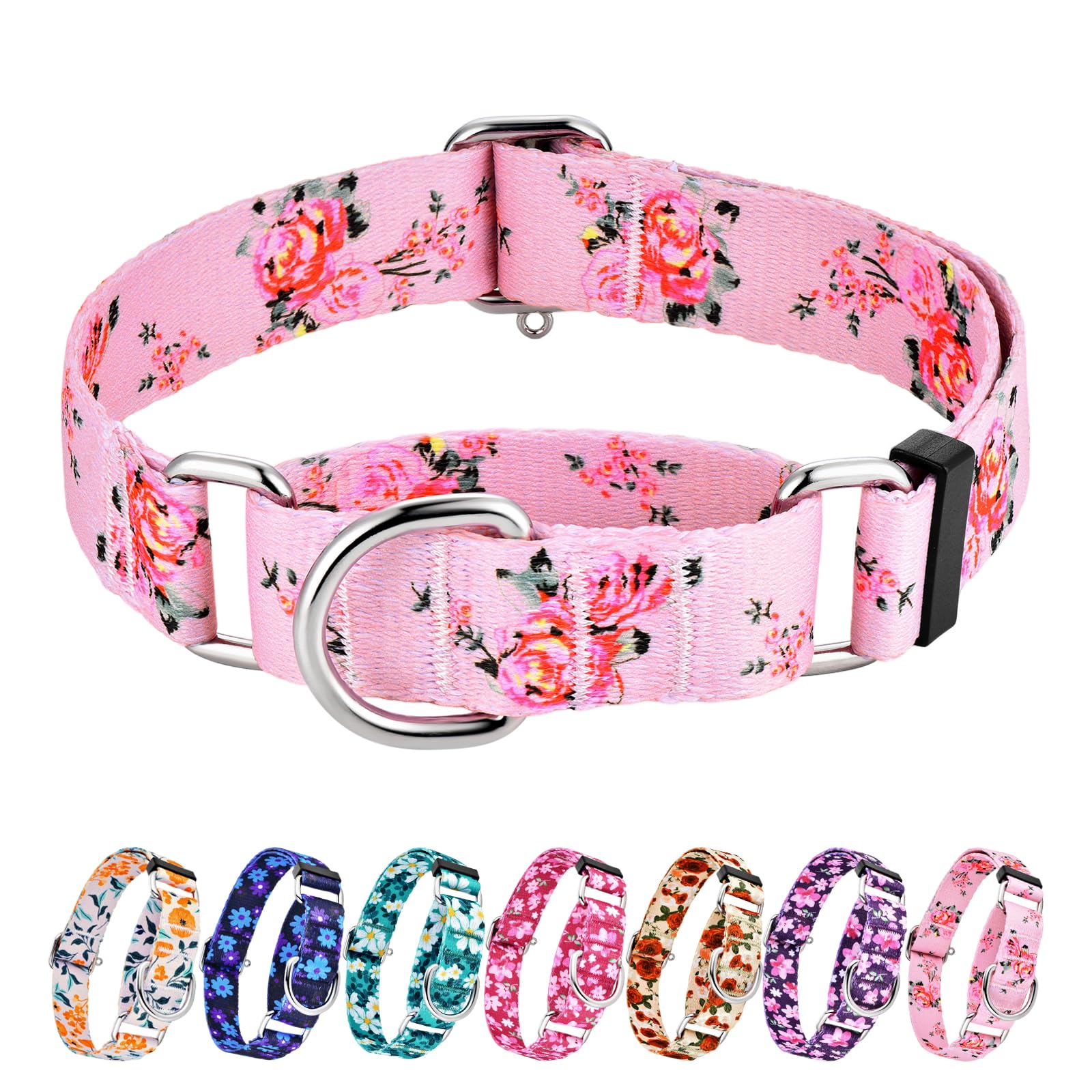 Hikiko Martingale Collar For Dogs With No Buckle Pink Floral Female Dog Collar Cute Girl Dog Collars For Large Dogs,Pink Rose,L