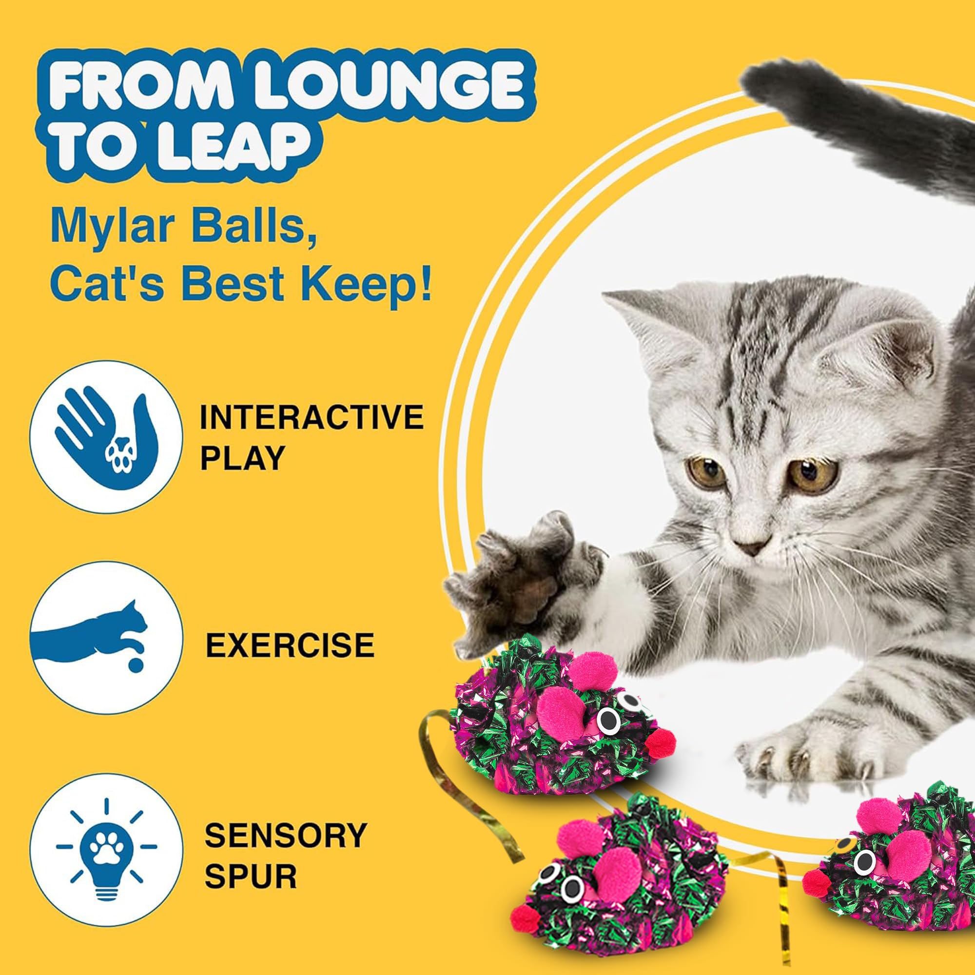 Sungrow 12 Pack Cat Crinkle Mice, 6X1.5 Inch Mice For Indoors, Keep Your Feline Energetic & Excited With Vibrant Colors, Lightwe