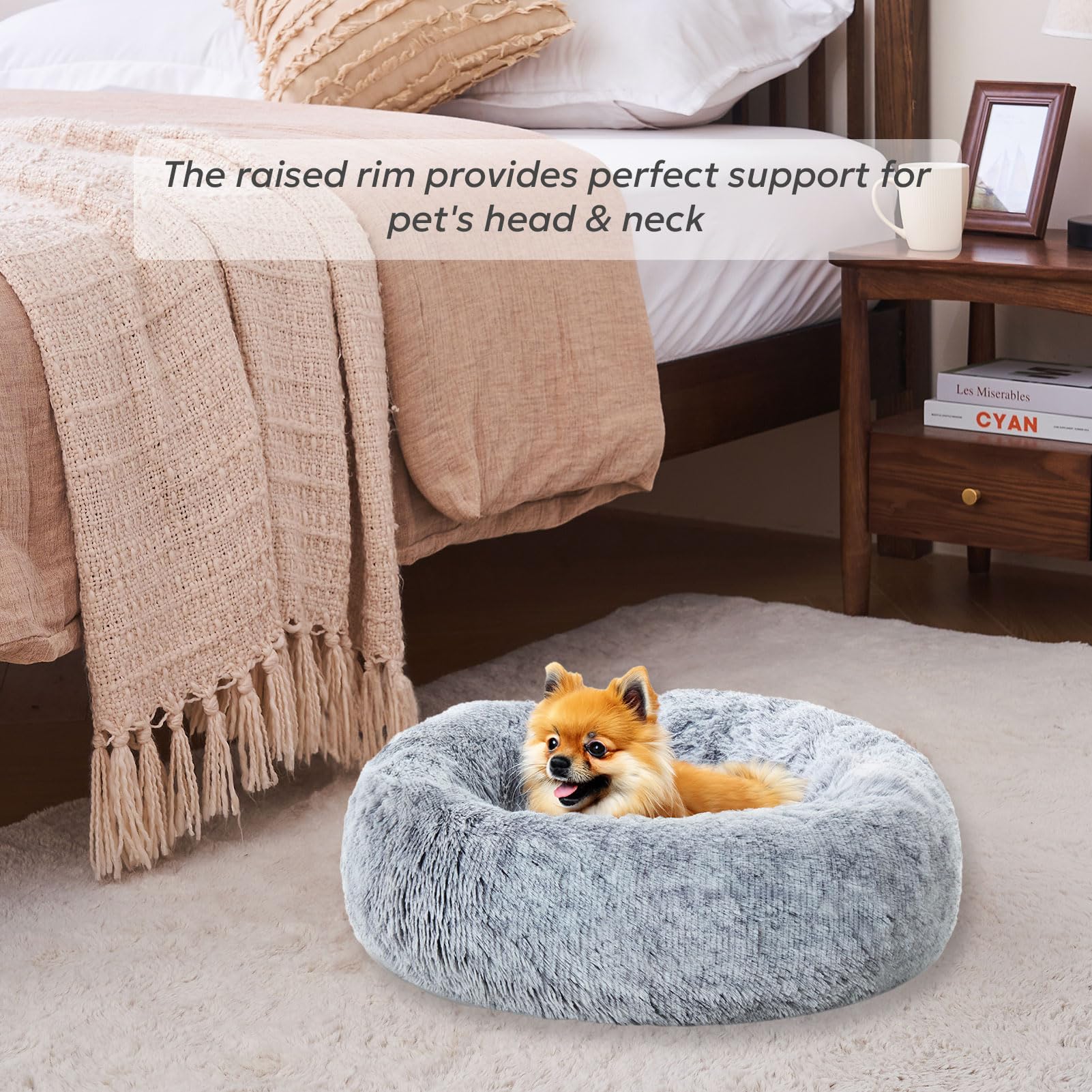 Olaphum Calming Dog Bed For Small Dogs, Anti-Anxiety Donut Small Puppy Bed Washable, Fluffy Plush Faux Fur Large Cat Bed, Fits U