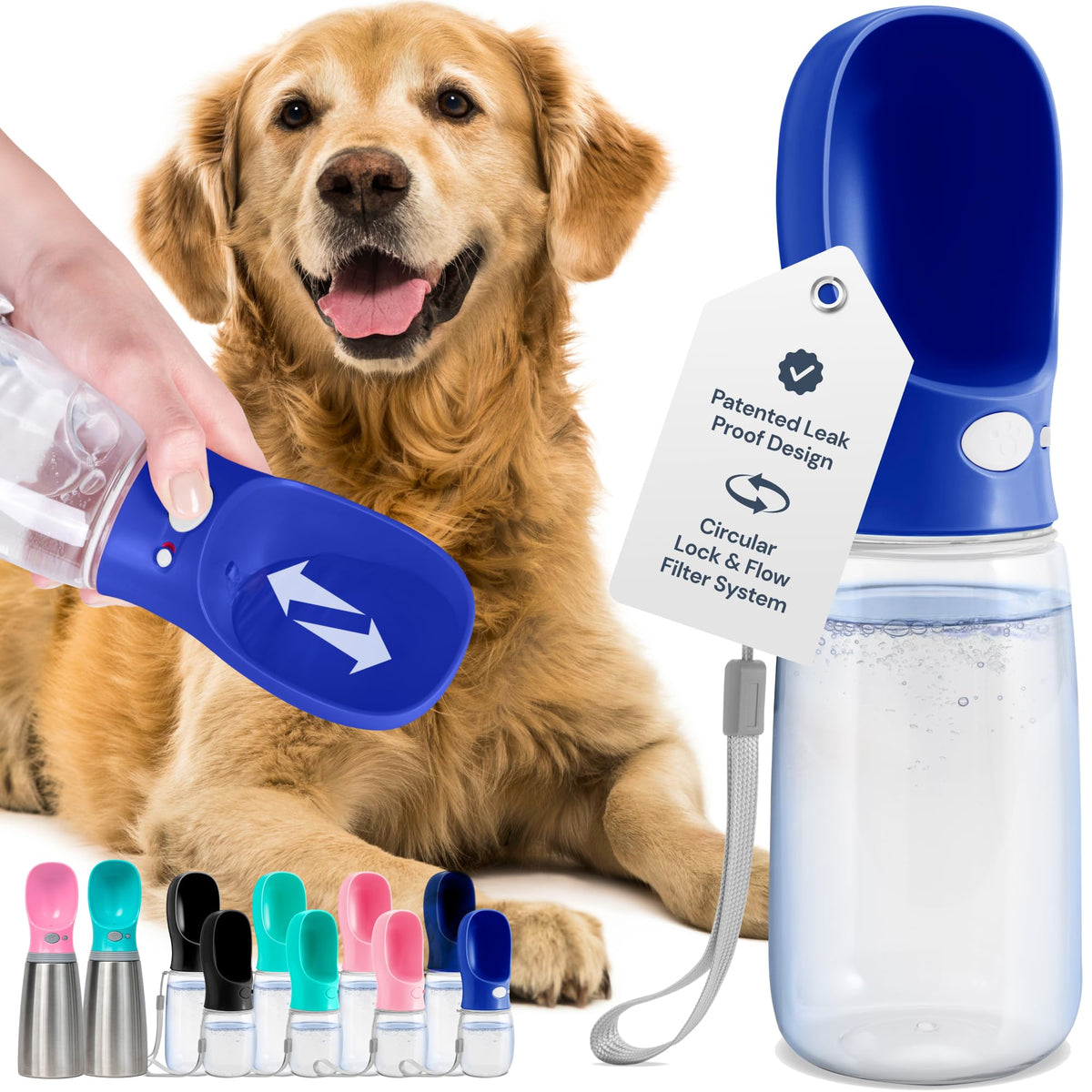 Malsipree Portable Leak-Proof Dog Water Bottle - 19 Oz Travel Dog Bottle Dispenser With Navy Blue Bowl - Food Grade Plastic - Puppy Travel Dispenser