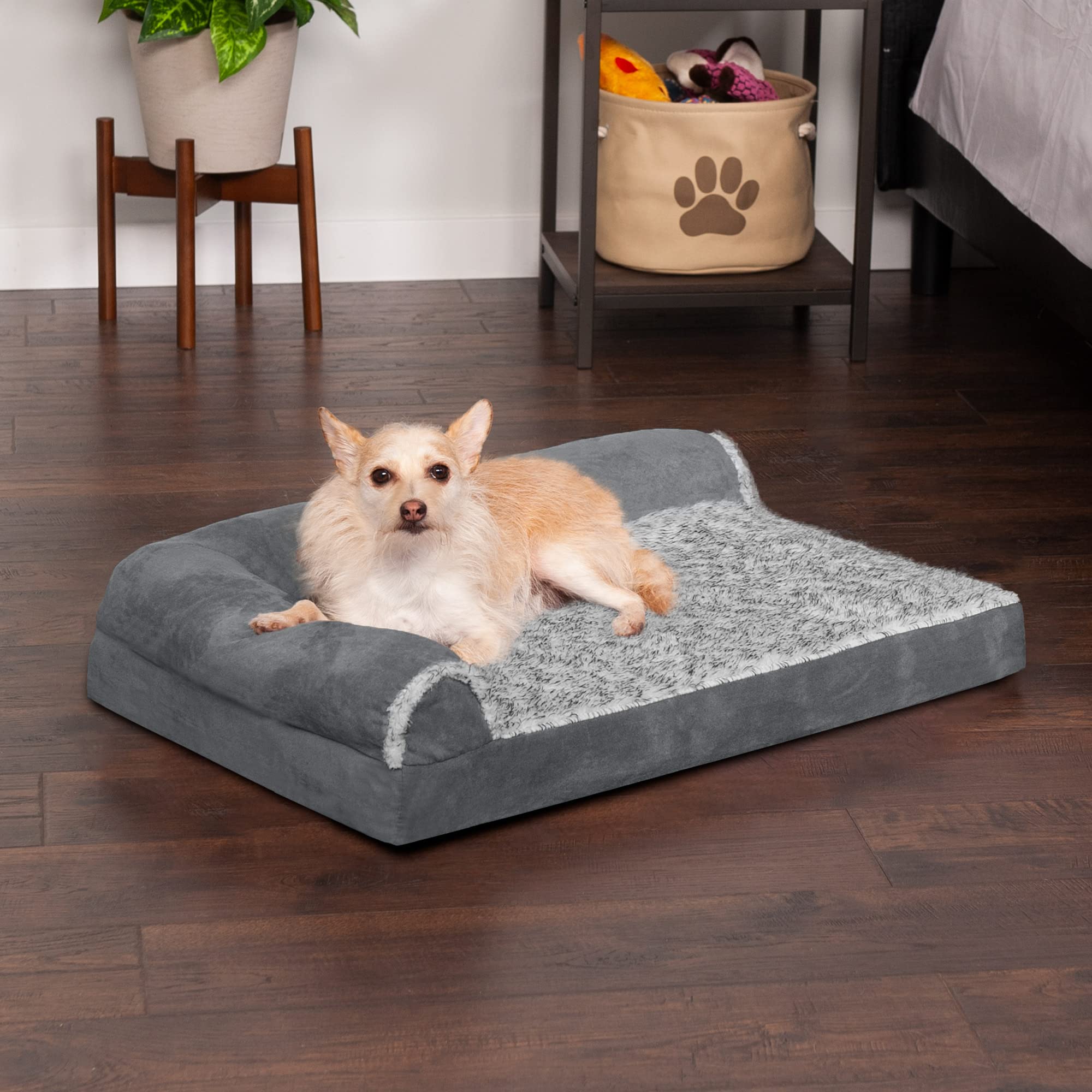 Furhaven Orthopedic Dog Bed For Medium/Small Dogs W/ Removable Bolsters & Washable Cover, For Dogs Up To 35 Lbs - Two-Tone Plush Faux Fur & Suede L Shaped Chaise - Stone Gray, Medium