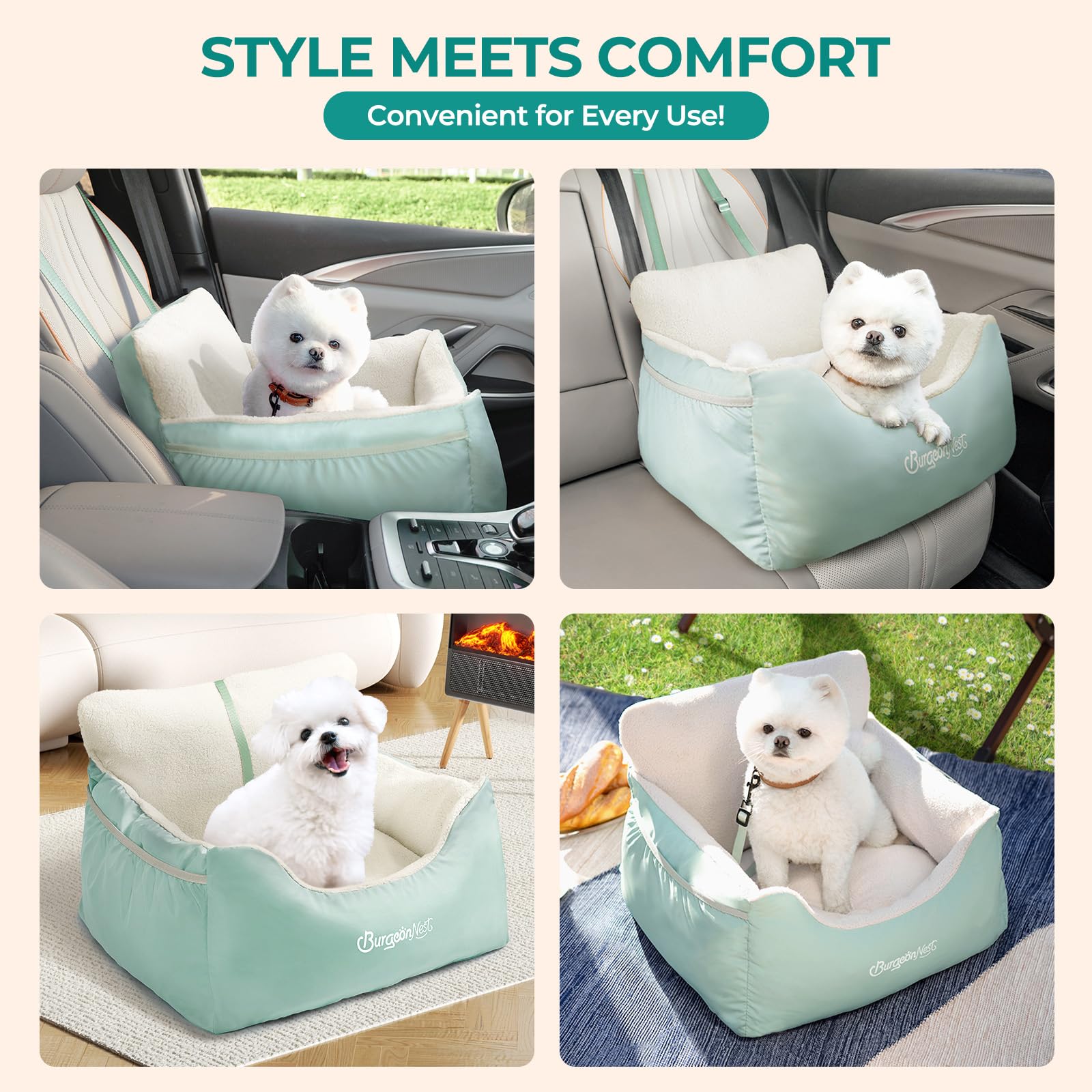 Burgeonnest Dog Car Seat For Small Dogs, Fully Detachable And Washable Cat Carseats Under 25 Lbs, Soft Pet Booster Seats With Storage Pockets And Clip-On Leash Portable Car Travel Carrier Bed, Blue