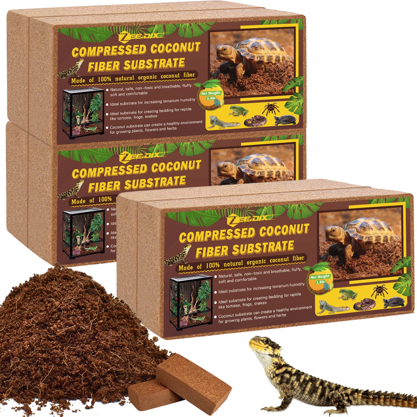 Zeedix 6Pcs Compressed Coconut Fiber Substrate For Reptiles, 100% Organic Coco Coir Fiber Brick Substrate Fluffy Bearded Dragon 
