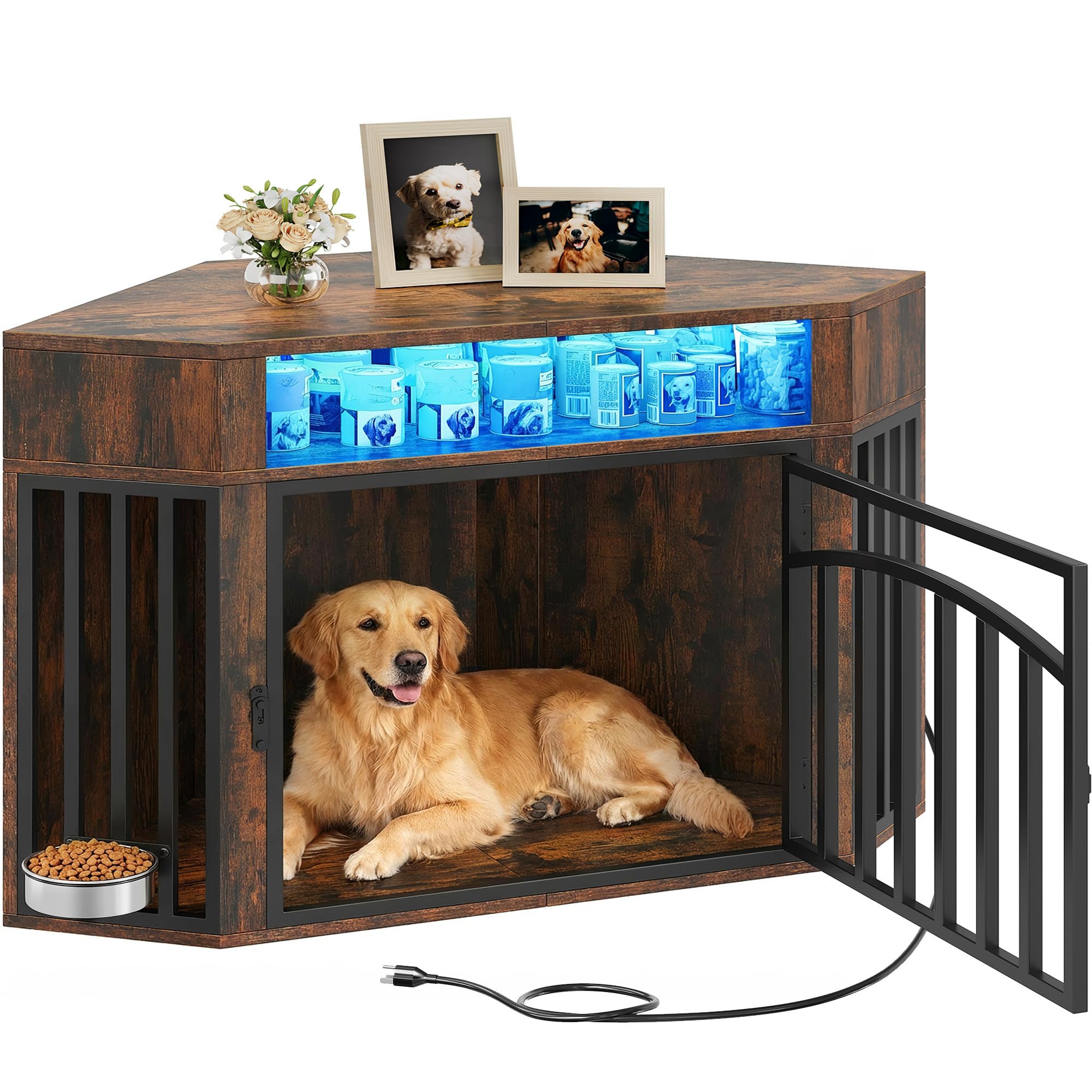 YITAHOME Corner Dog Crate Furniture with LED Light & Power Outlets, 52 Inch Heavy Duty Dogs Kennel with 360 Dog Bowl, Decorative
