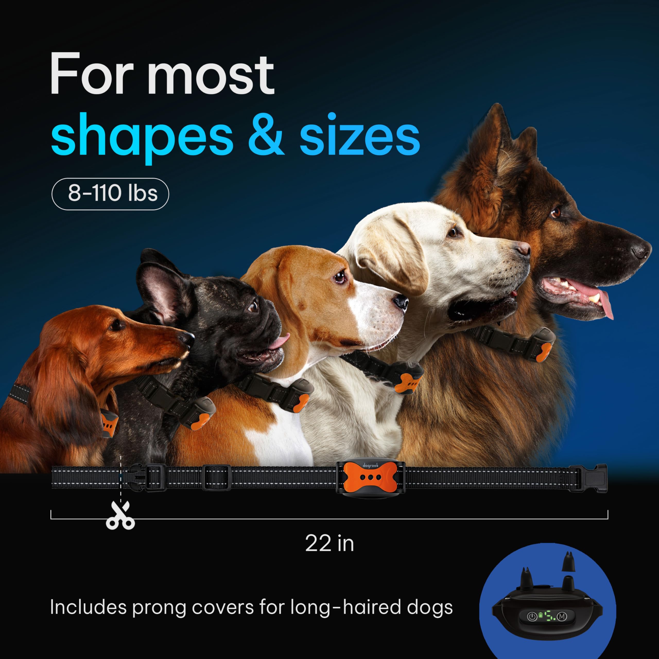 DogRook Dog Bark Collar - Rechargeable, Waterproof, No Shock, Adjustable 8-110 lbs, Orange, 5 Sensitivity Levels for All Dogs