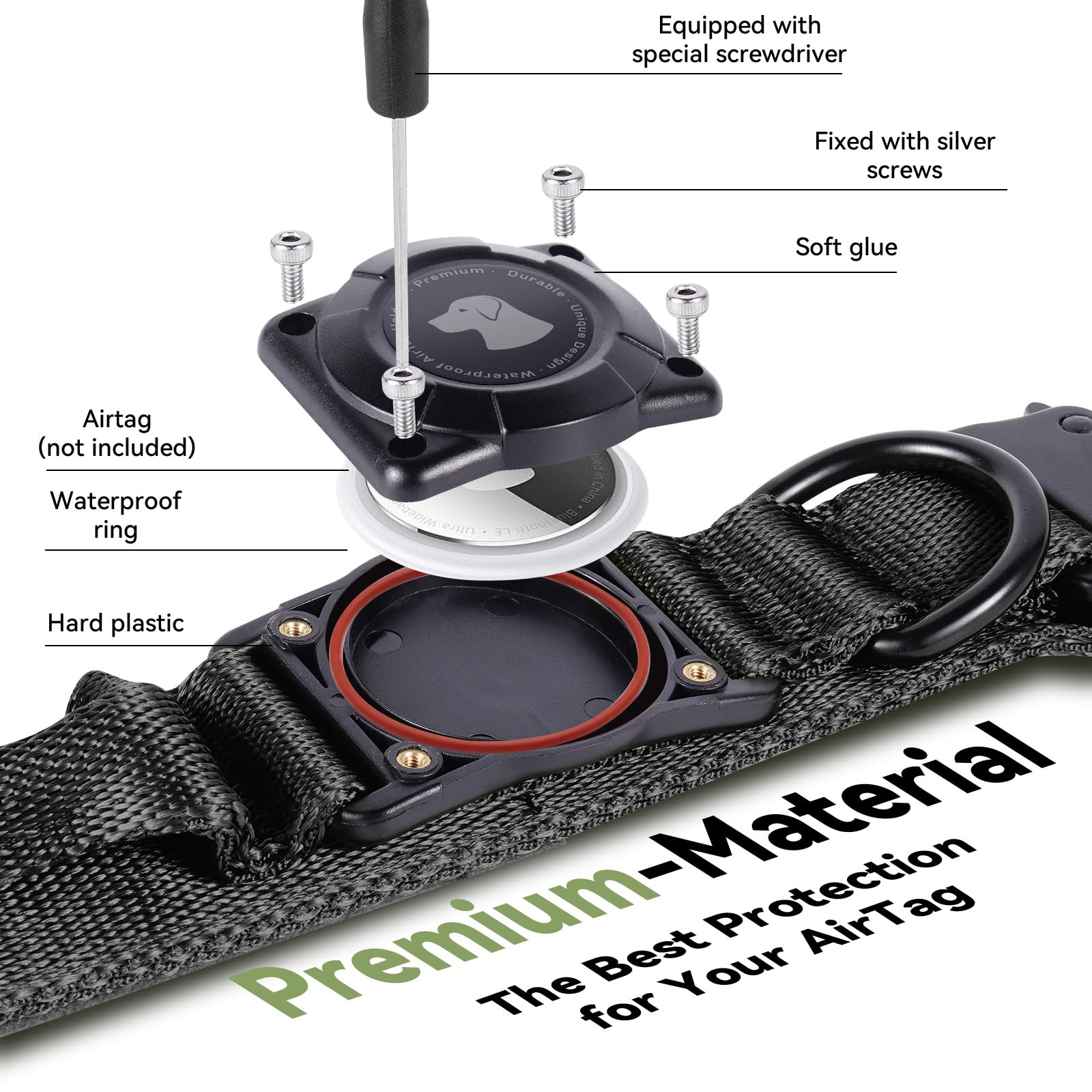 2025 Upgrade Waterproof AirTag Dog Collar, Military Tactical Dog Collar with AirTag Holder, Comfortable Control Handle and Metal