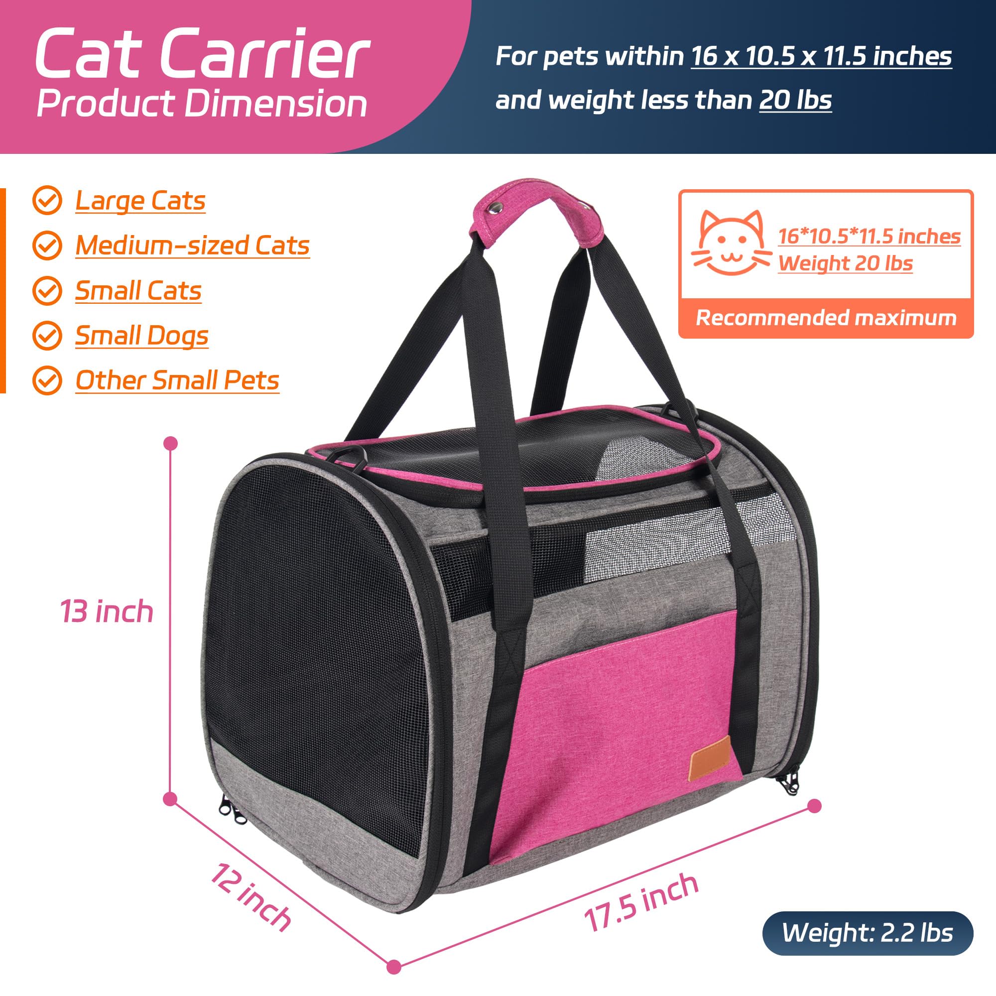 Large Cat Carrier For 20 Lbs Pets - Soft Sided Breathable Mesh Travel Carrier, Airline Approved, Washable For Small Dogs Puppies
