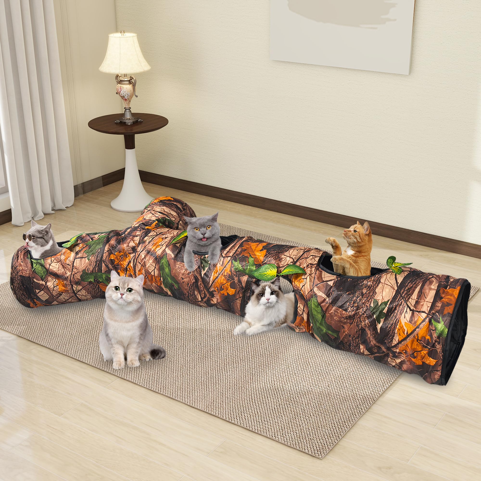 Felrelwel Cat Tunnel,59'' Large Y-Shape Cat Cave With 3 Rustle Channels & Leaves, Portable Cat Bed Toy For Indoor Kittens & Smal