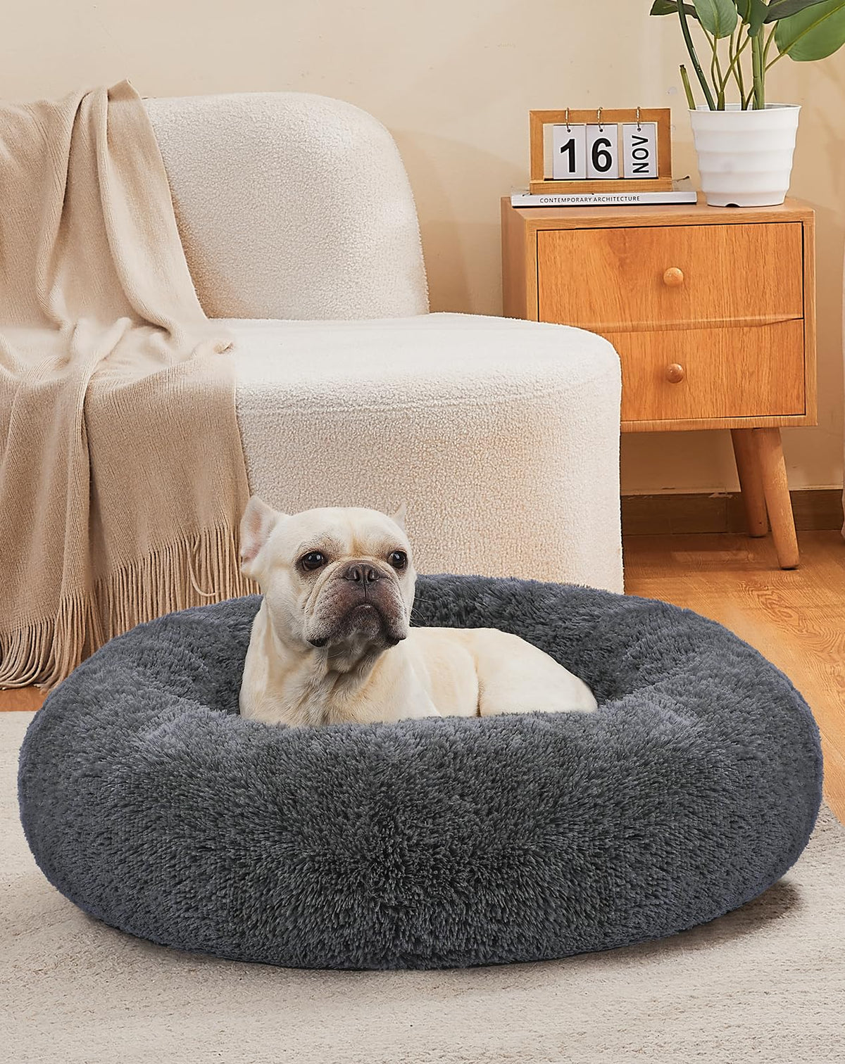 Ohgeni Calming Donut Dog Bed Pillow For Medium Pets, Machine Washable Removable Cover, Comfort Plush Fluffy Faux Fur With Anti-Slip Bottom, Cats-Friendly Round Cuddly Design, Gray, 30 Inches