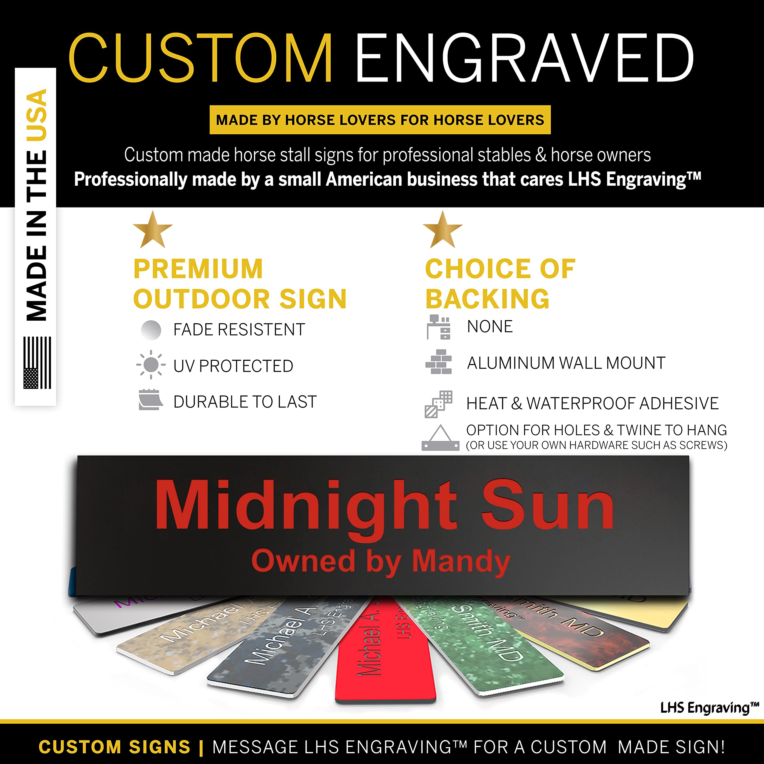 Lhs | Horse Stall Name Plate, 2X8 Personalized Stall Signs, Uv Protected, All Weather Adhesive, Hanging, Mounting Or Other, Plas