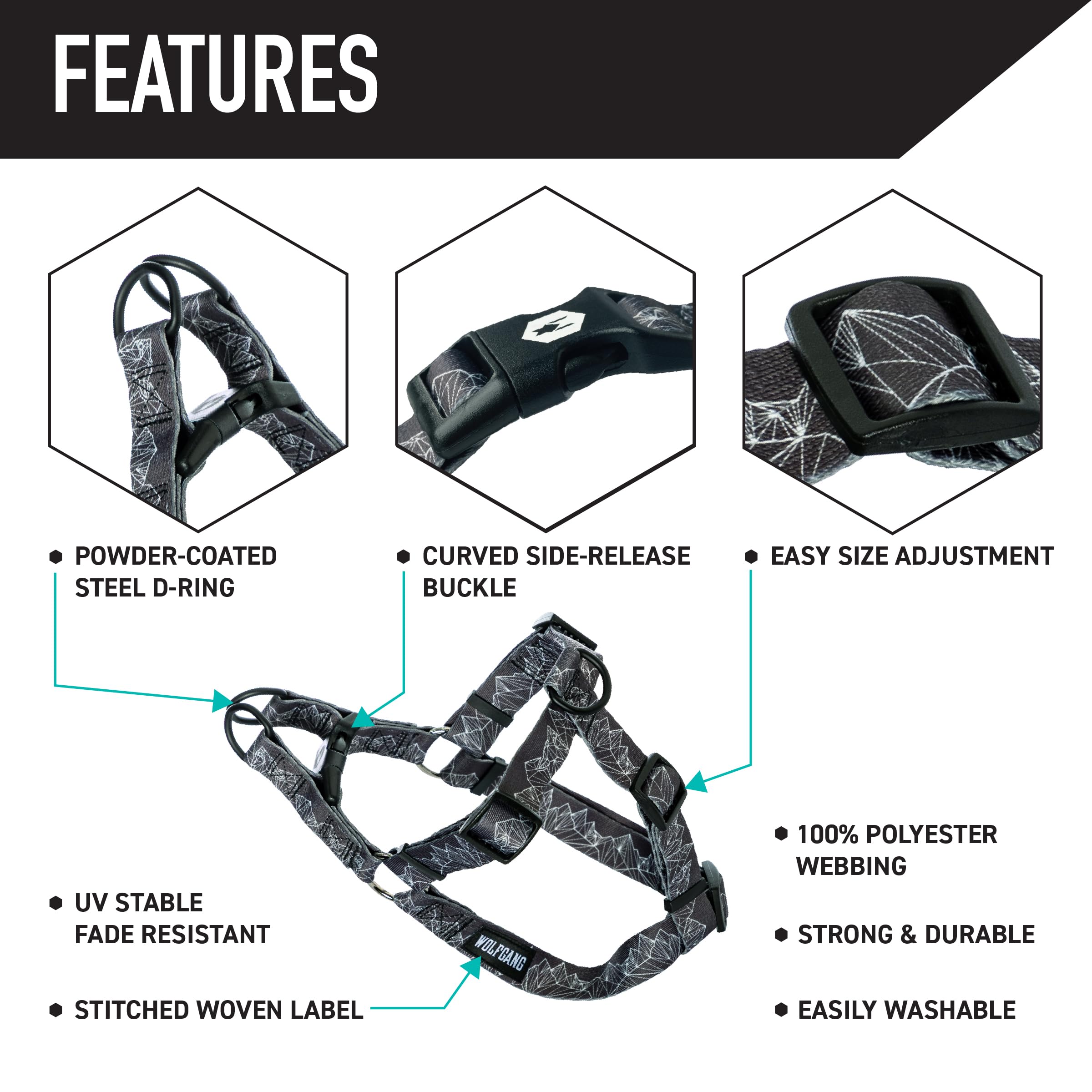 Wolfgang Heavy Duty Adjustable Dog Harness, Pull-Tested to Over 800 lbs for Walking & Training, WolfMountain Print, Small