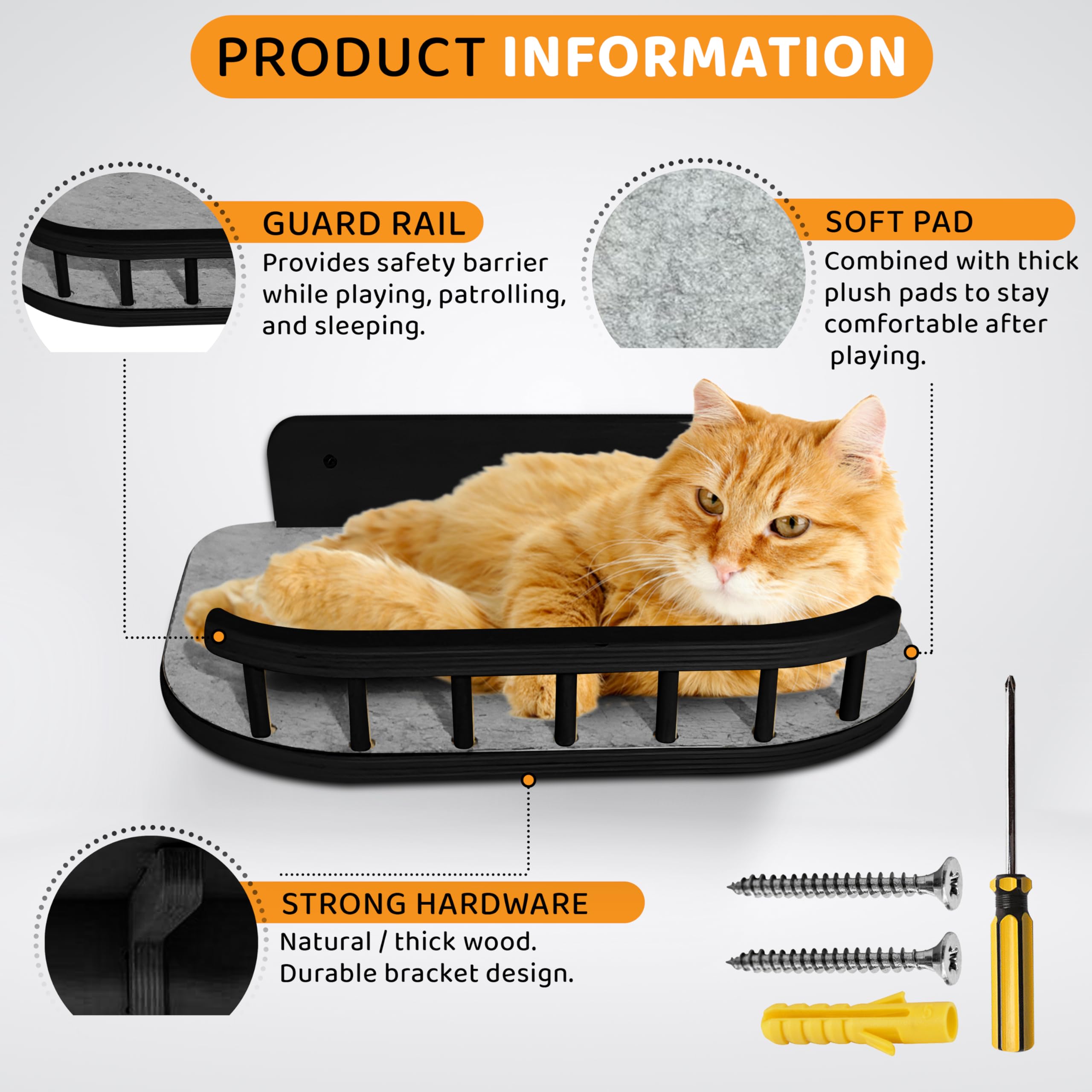 BUOGA Cat Wall Shelves with 3 Steps - Modern Mounted Cat Wall Furniture & Shelf, Premium Hardwood Bed for Climbing, Sleeping & L