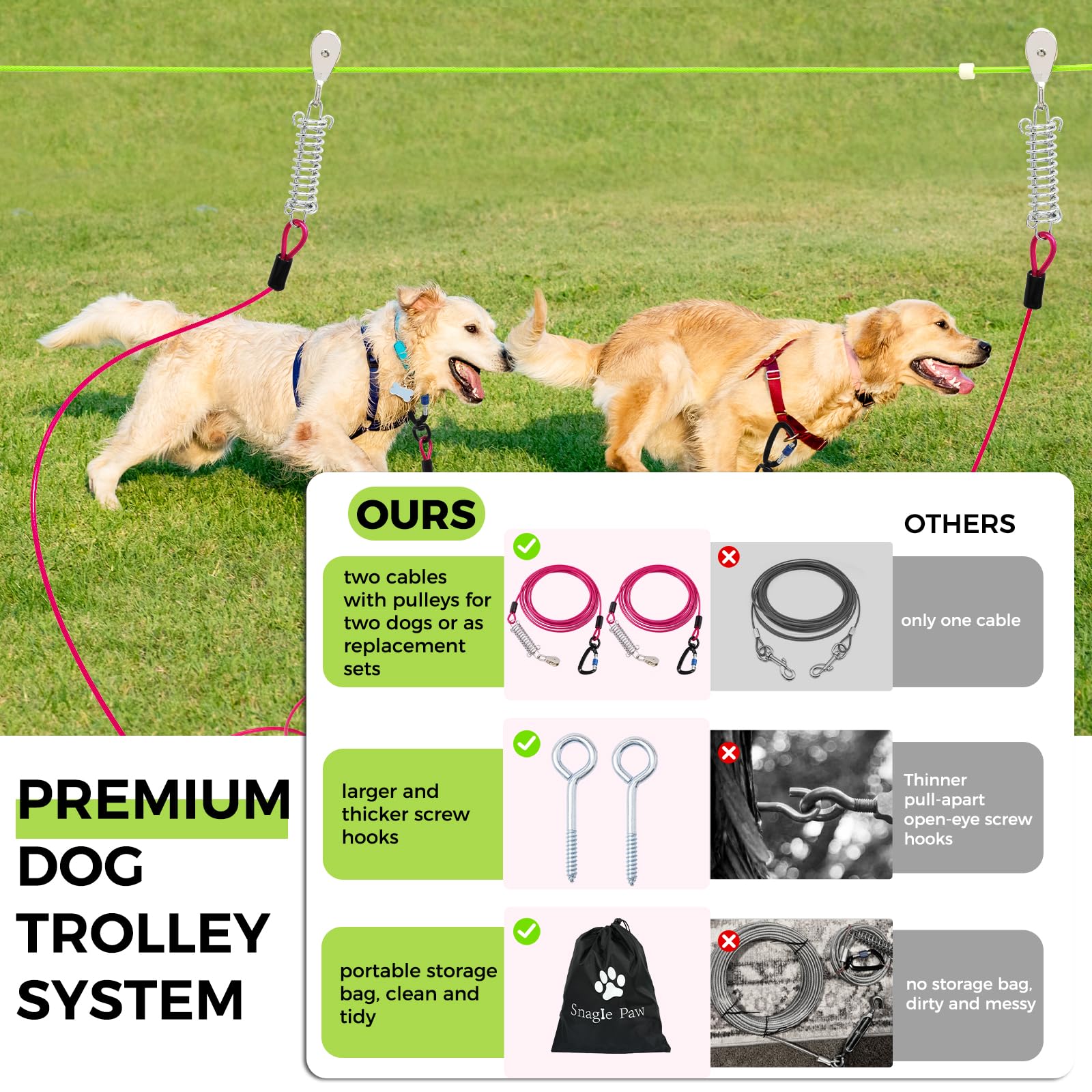 Snagle Paw Heavy Duty Dog Runner For Yard,100Ft Dog Run Cable With 10Ft & 10Ft Pulley For Large Dogs Up To 250Lbs, Aerial Dog Zi