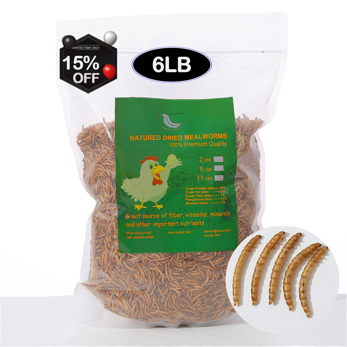 Euchirus 6Lbs Non-Gmo Dried Mealworms,High-Protein Larvae Treats Feed Molting Supplement For Birds Hens Ducks Etc,Large Bulk Meal Worms Birds Chicken Food