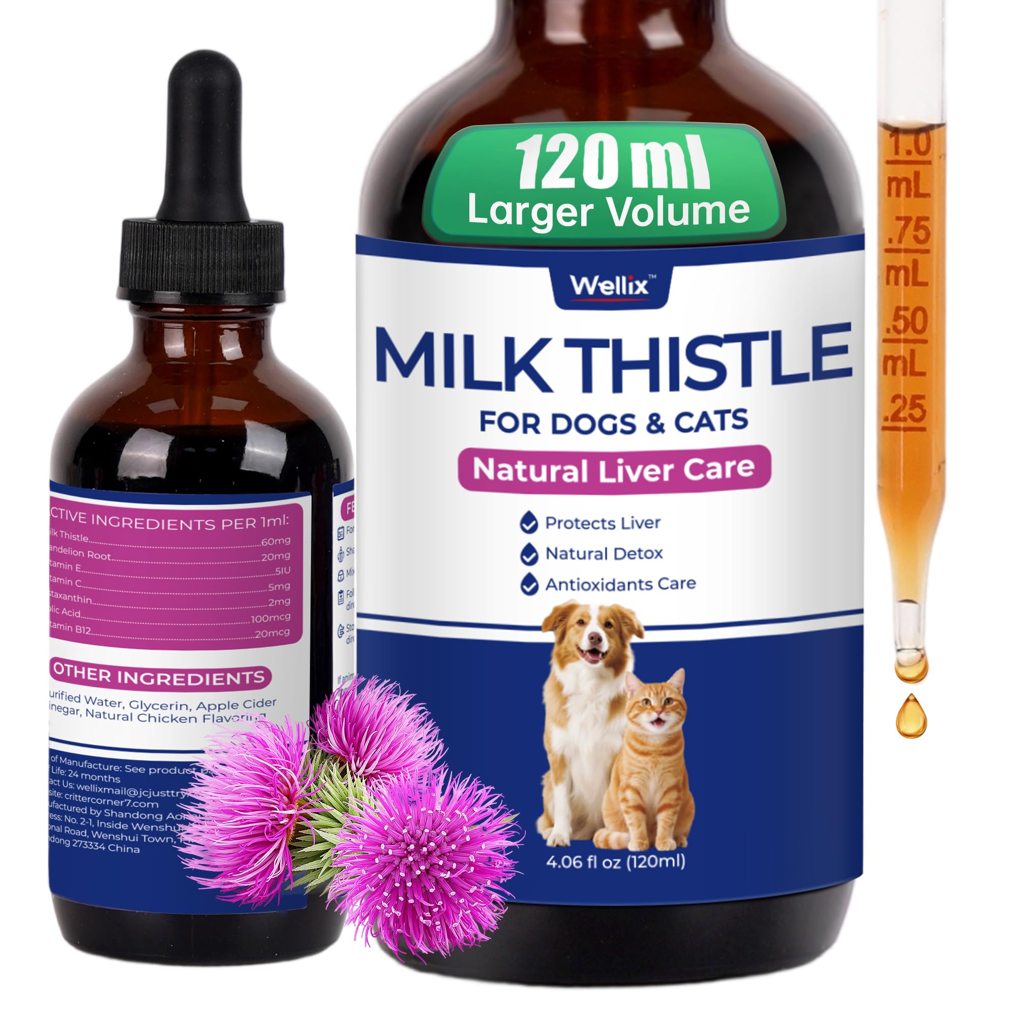 Wellix 120ml Milk Thistle for Cats & Dogs, Advanced Formula with Astaxanthin for Detox and Antioxidant, Dog Liver Supplement, Ch