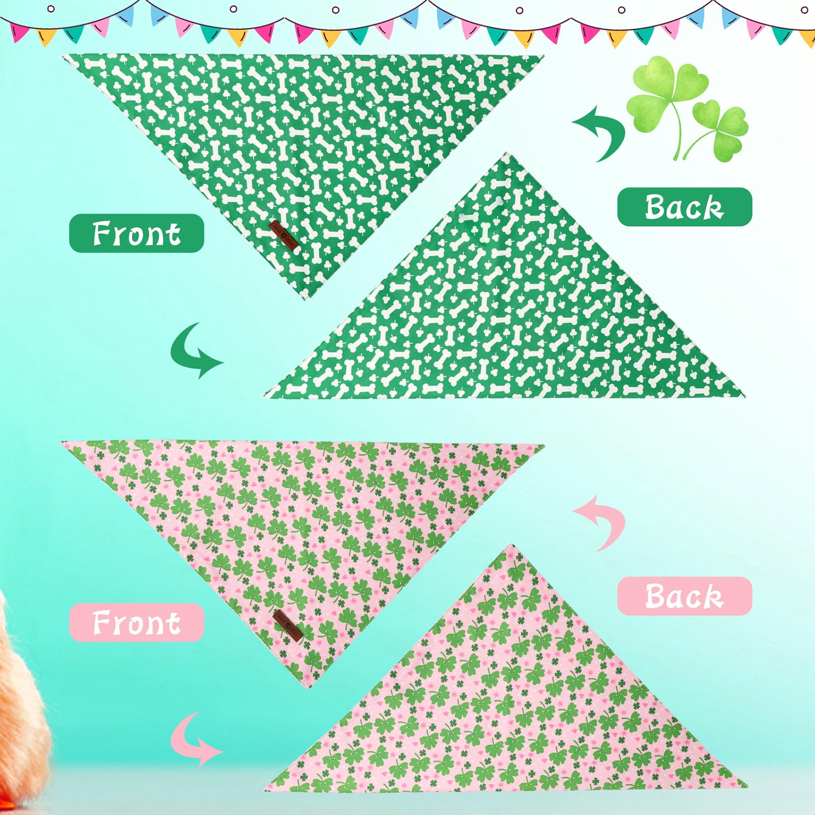 Lionet Paws St. Patrick 2Pcs Dog Bandanas, Green Clover Dog Scarf Bib Premium Fabric, Happy St. Patrick Pink Bandanas For Medium