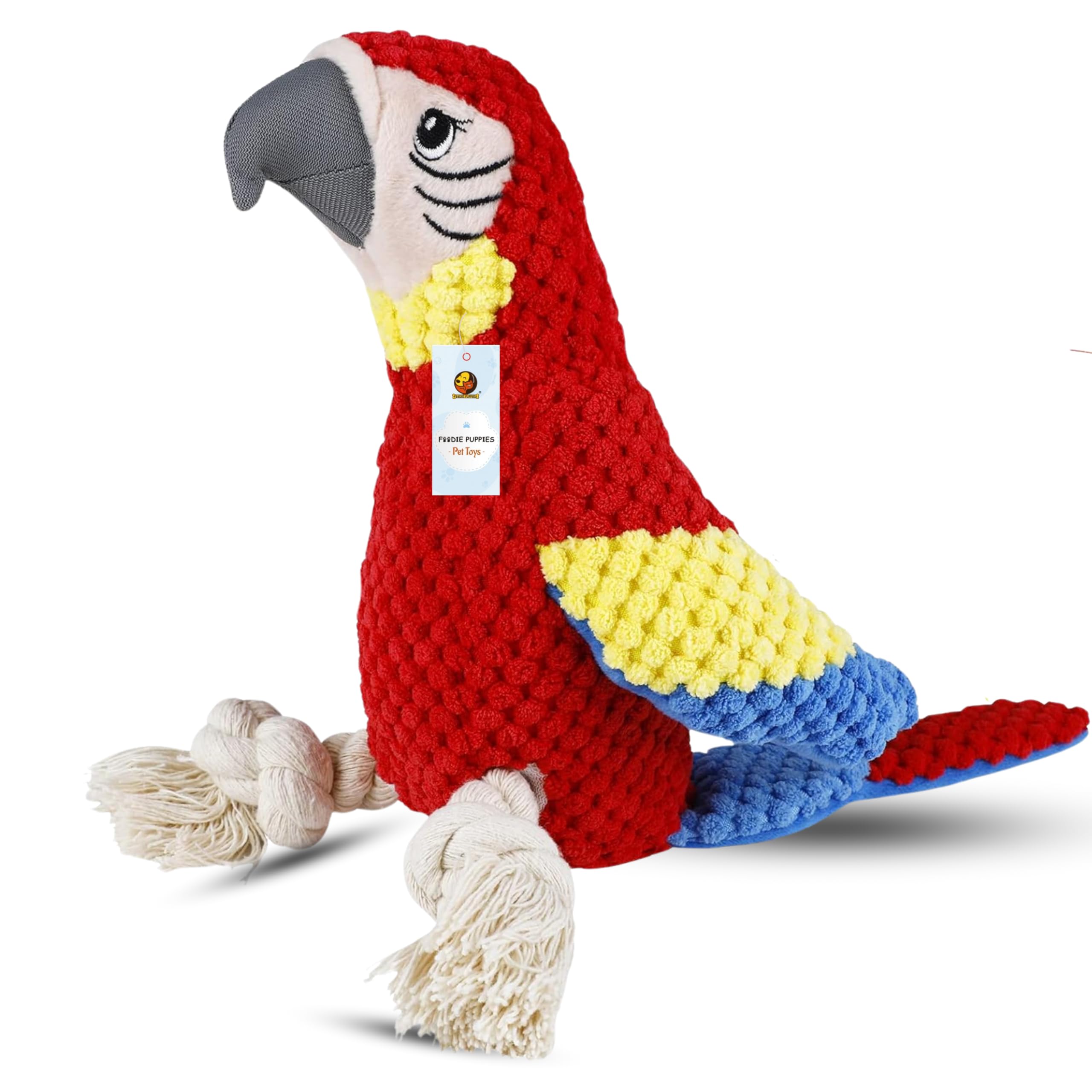 Foodie Puppies Interactive Dog Squeaky Plush Rope Toy  (Red Macaw) | Crinkle Papered, Cotton Stuffed Chew Toy for Teething, Cud