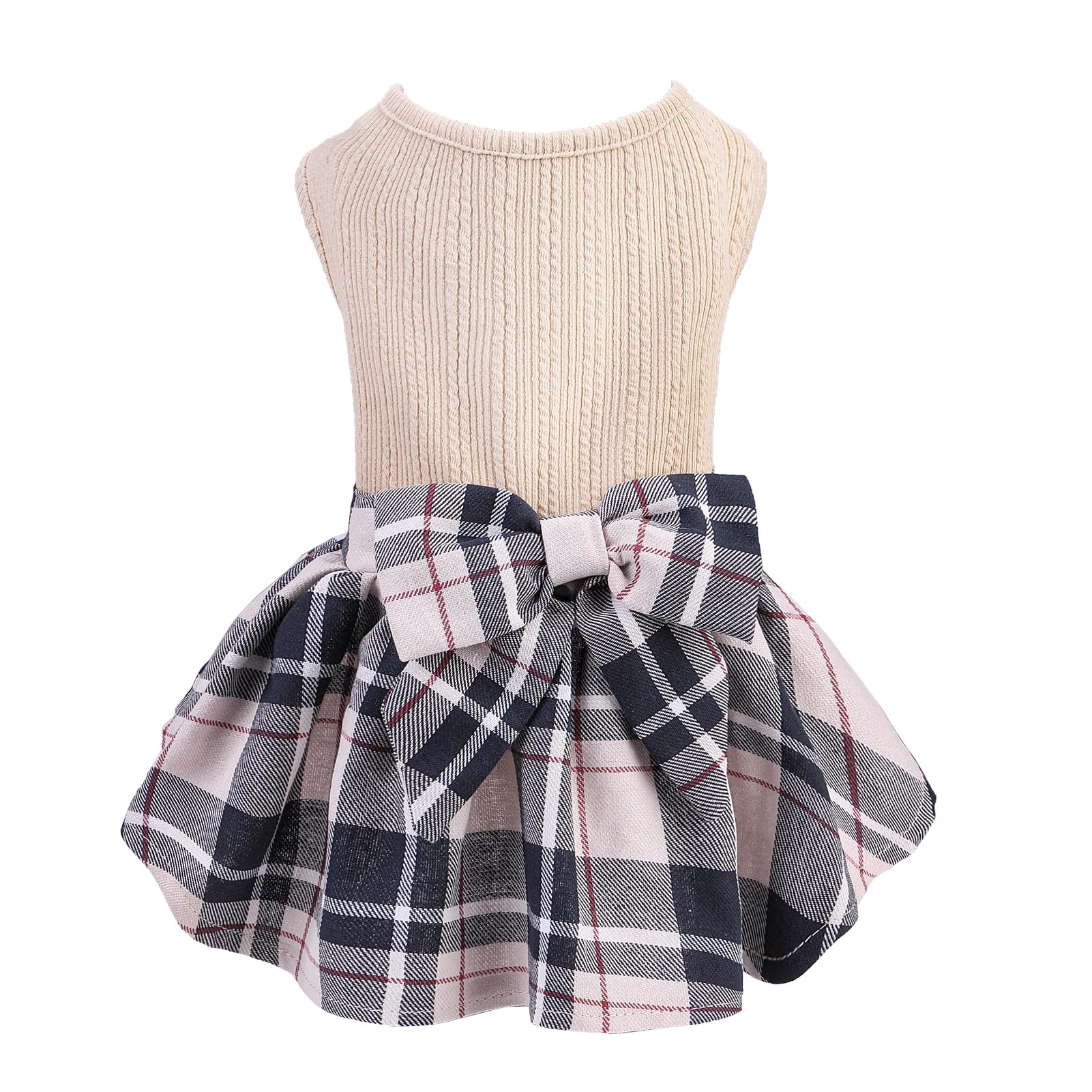 Pupteck Classic Plaid Dog Dress Pet Apparel With Cute Bowtie Puppy Clothes Outfit,Cream,S