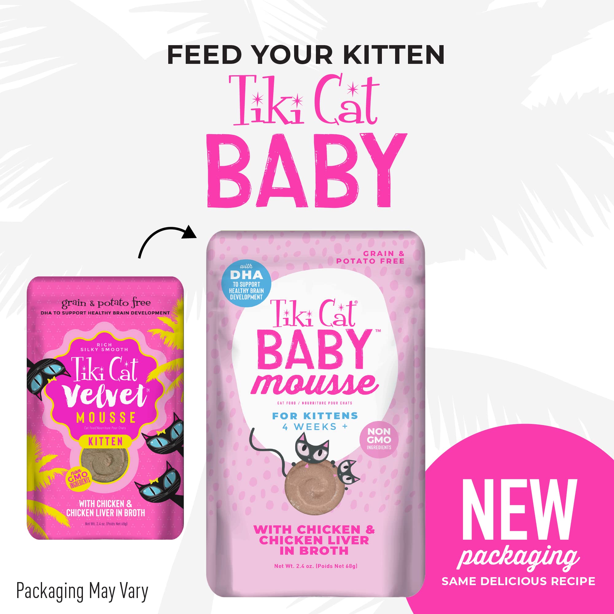 Tiki Cat Baby, Chicken and Chicken Liver, Grain-Free and Nutrient Rich, Wet Cat Food for Kittens 4 Weeks+, 2.4 oz. Pouch (Pack o
