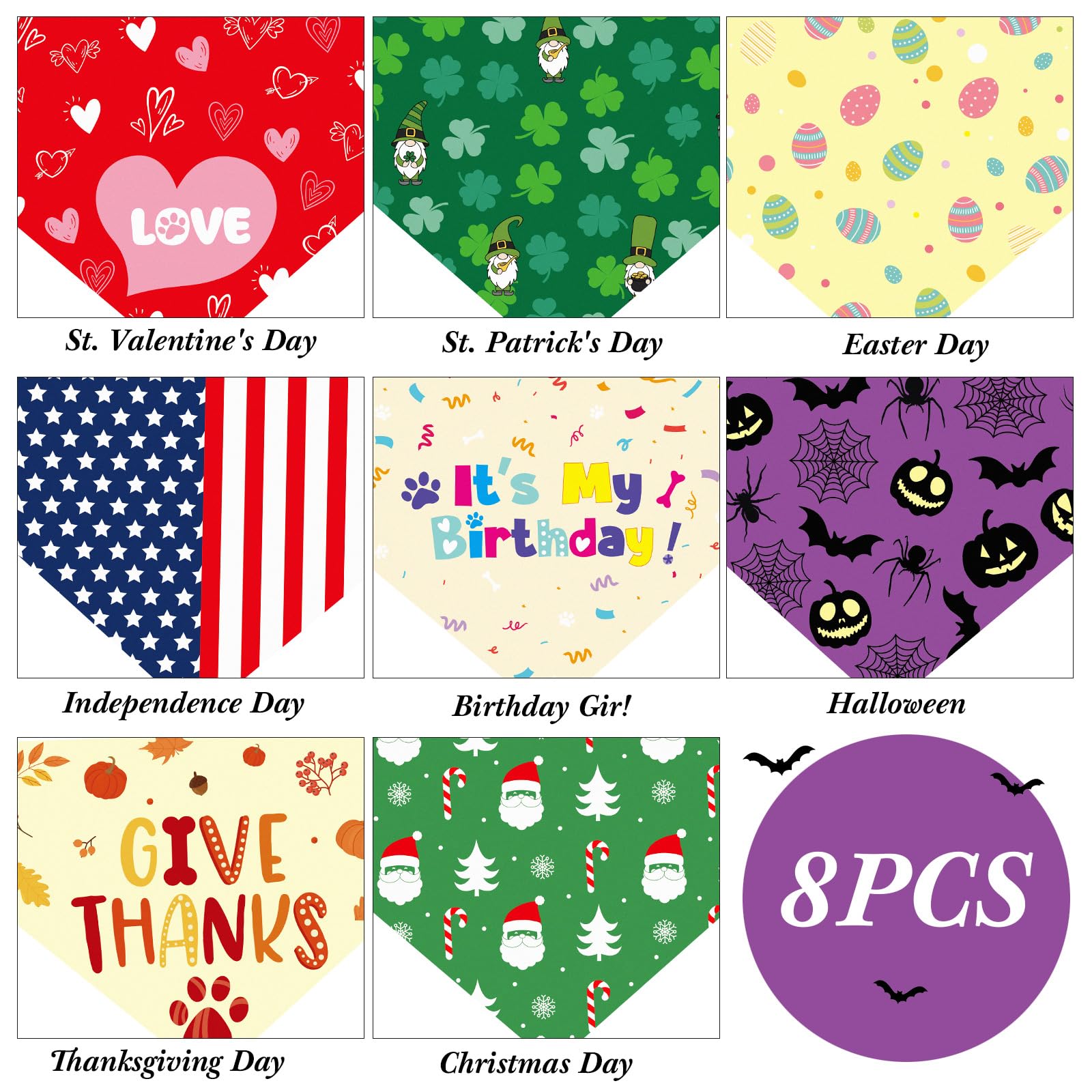 Saintrygo 8 Packs Holiday Dog Bandanas Birthday Fall Halloween Thanksgiving Christmas Scarf Adjustable Pet Scarf Pet Bandana for