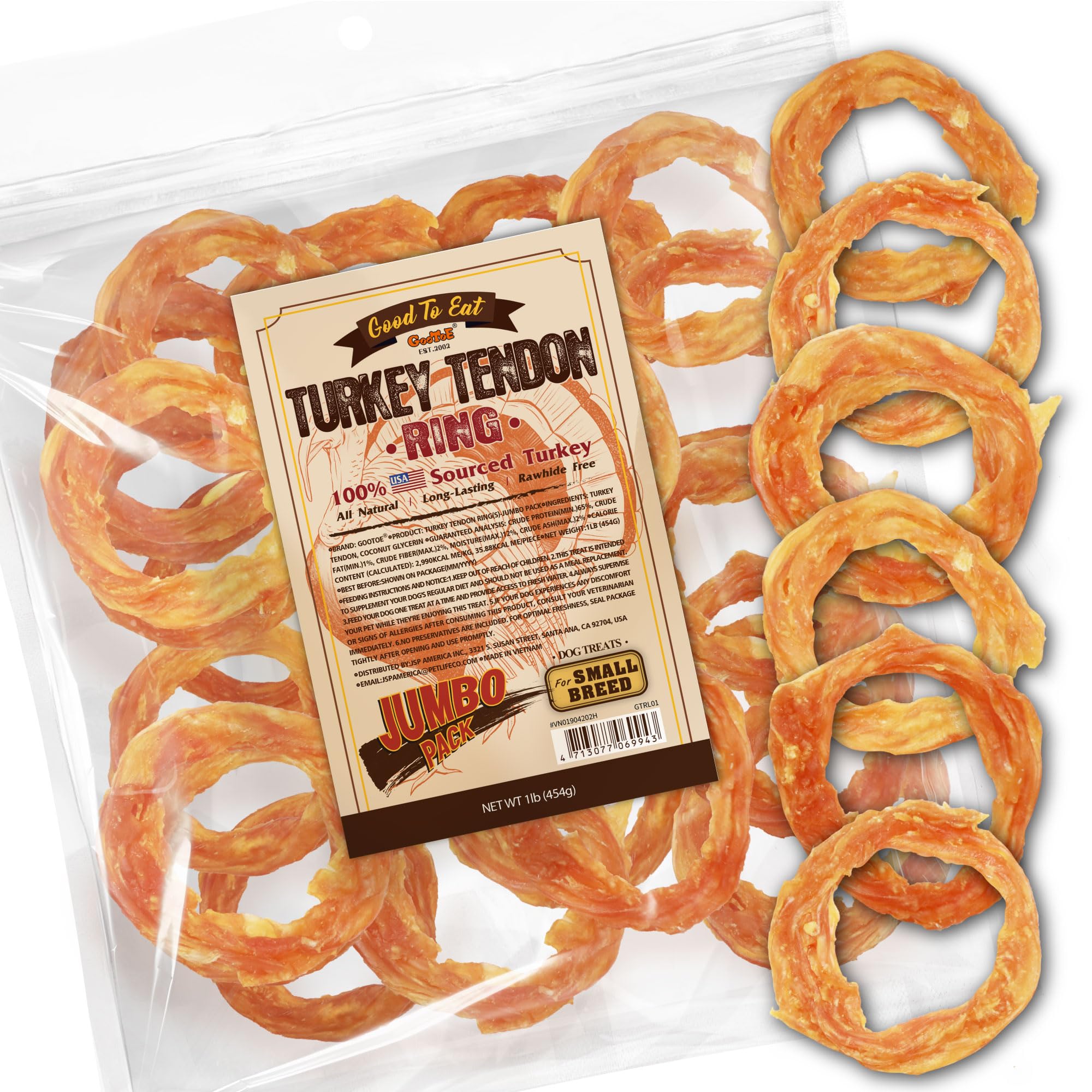 Gootoe Turkey Tendon Dog Treats, Ring (S) 1 lb, 100% USA Sourced Turkey, Natural Snack, Premium Puppy Chews, Hypoallergenic, Raw