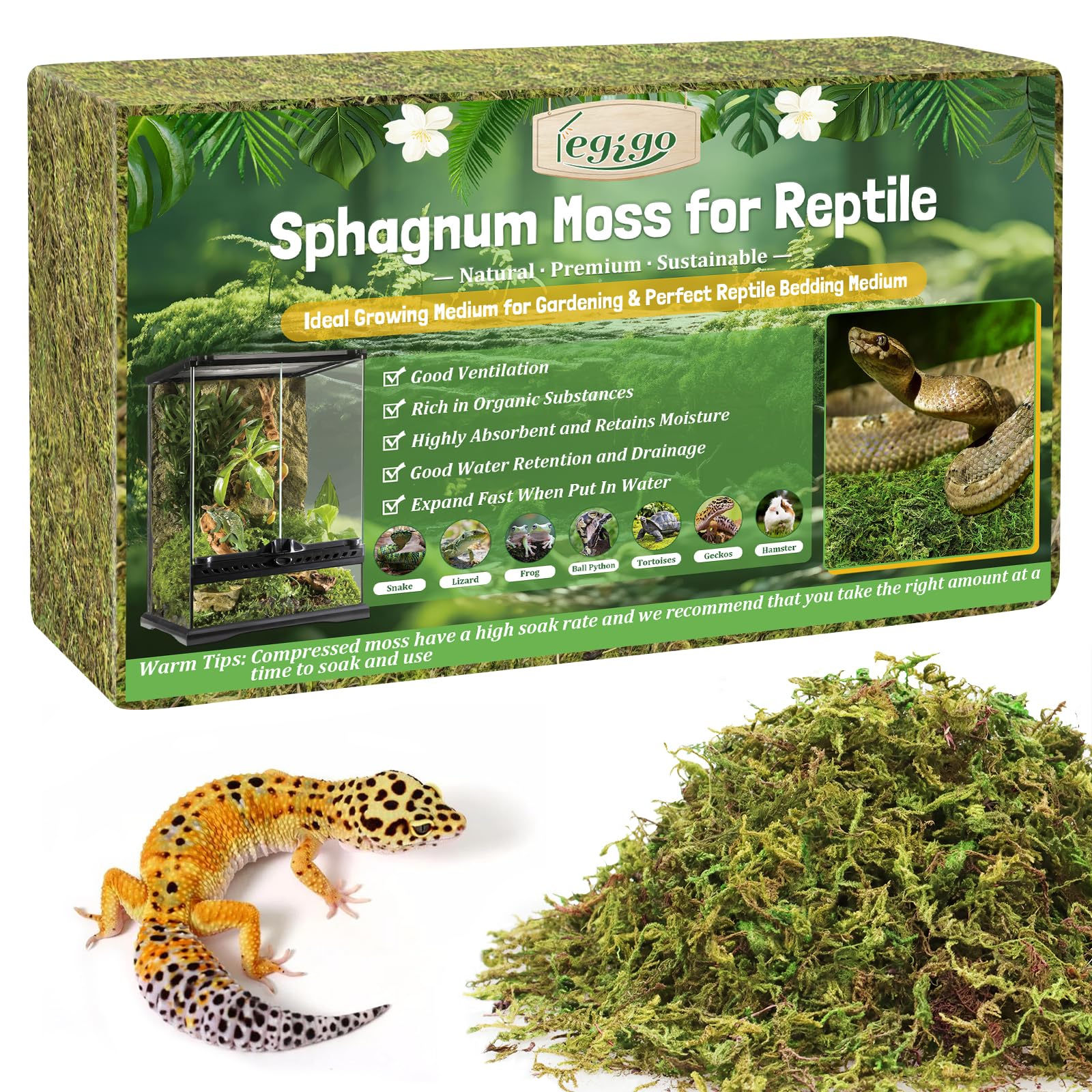 Legigo 1.3Lb Sphagnum Moss For Reptile- 24 Qt Natural Reptile Moss Terrarium Moss Substrate, Snake Tank Moss Peat Moss Reptile B
