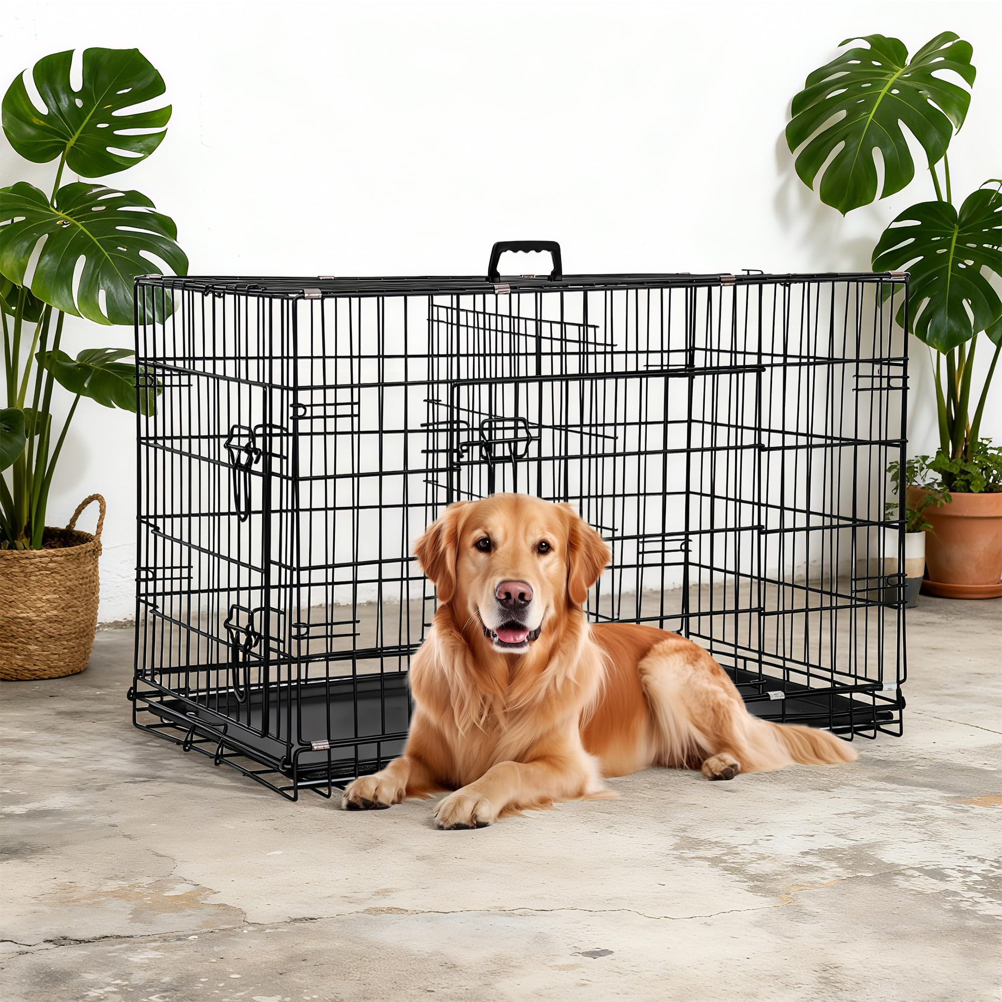 FDW Dog Crate 36-Inch Dog Cage Foldable Metal Kennel with Leakproof Tray Foldable Design Indoor Outdoor Use for Medium Dogs,Dark